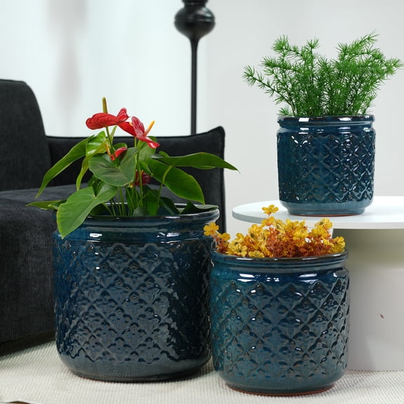 GARITIN Handmade Ceramic Flower Pot Set of 3, 15/12/9 Inch Diameter, Navy Blue Geometric Pattern, for Orchids Indoor Outdoor Use on Windowsill & Bookshelf, Navy Blue