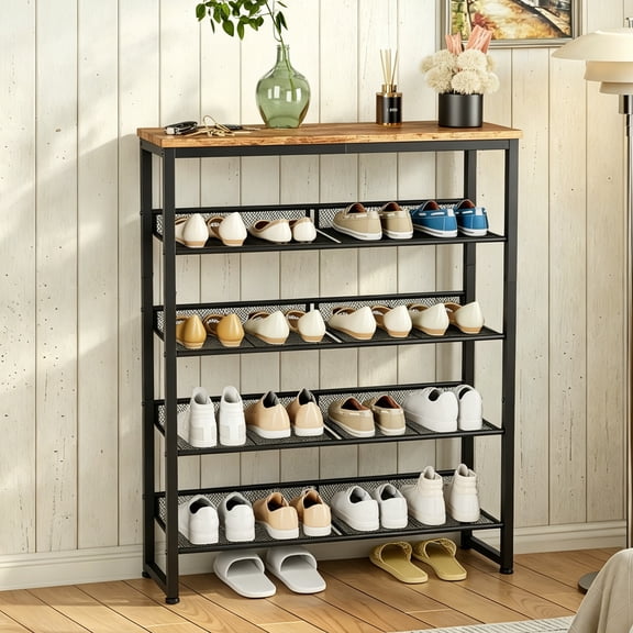 GARITIN Industrial Shoe Rack, 5-Layer Shoe Storage Rack with 4 Mesh Shelves & Wooden Top, Adjustable Country Style Shoe Organizer for Entryway Living Room Bedroom Porch, Brown
