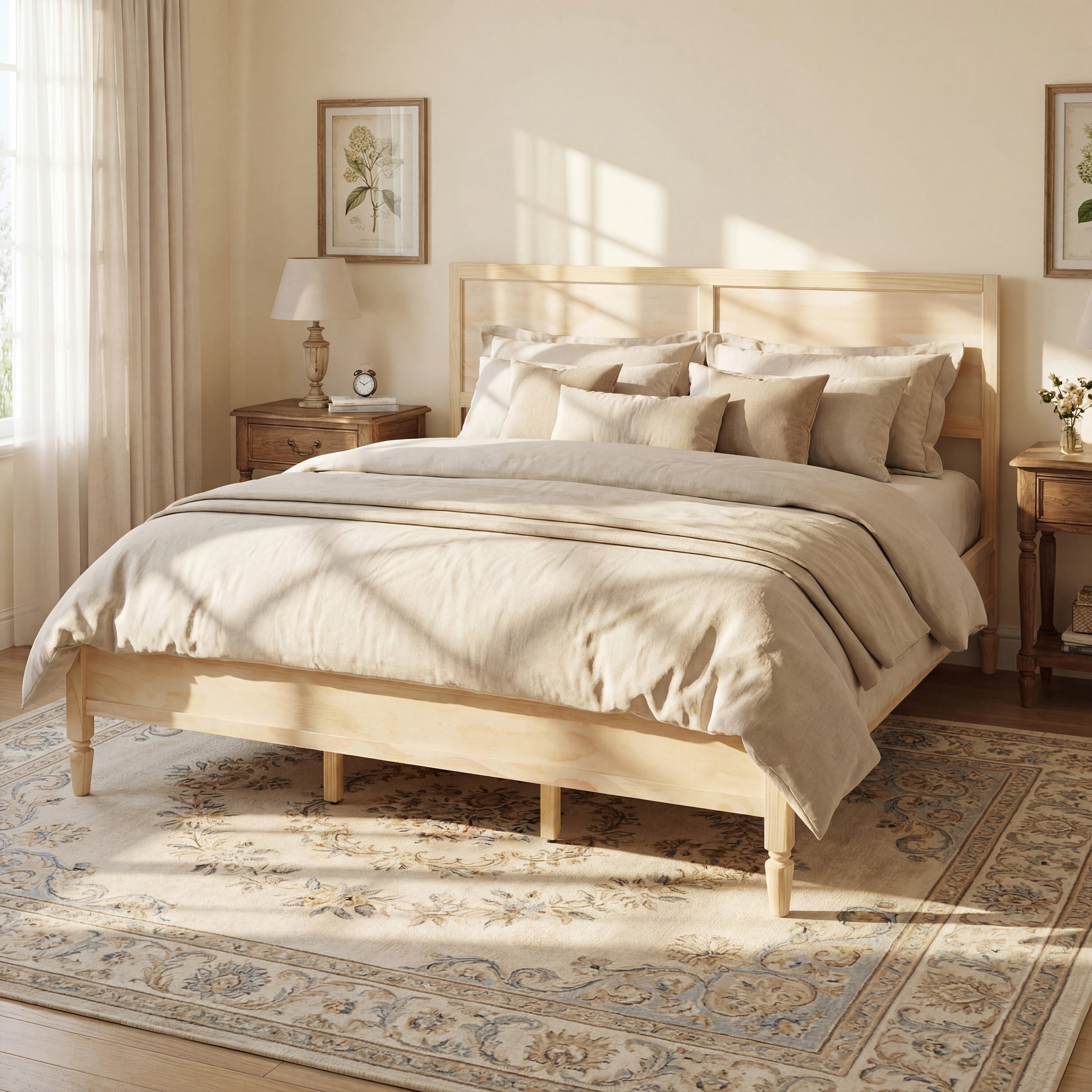 GARITIN King Size Wood Platform Bed Frame with Classic Panel Headboard, Wooden Slats Support, No Box Spring Needed, Easy Assembly, Natural