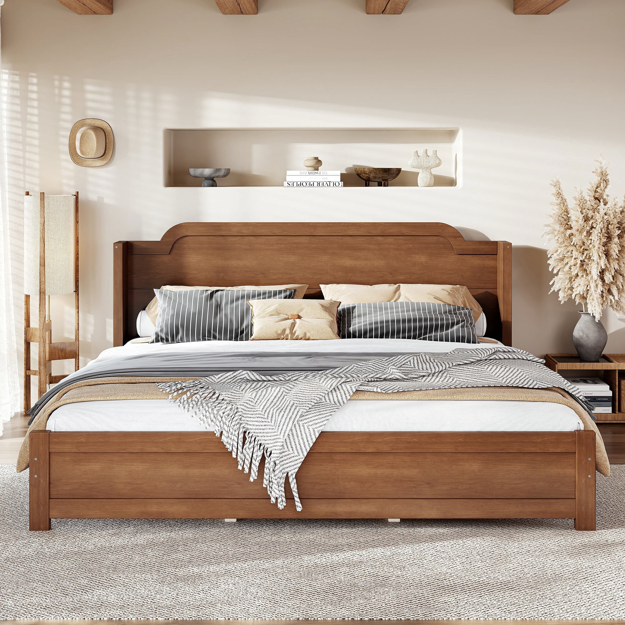 GARITIN King Solid Wood Platform Bed with Headboard, Brown Finish & Minimalist Design, Easy Assembly, No Box Spring Needed Traditional Wood Bed Frame, Brown
