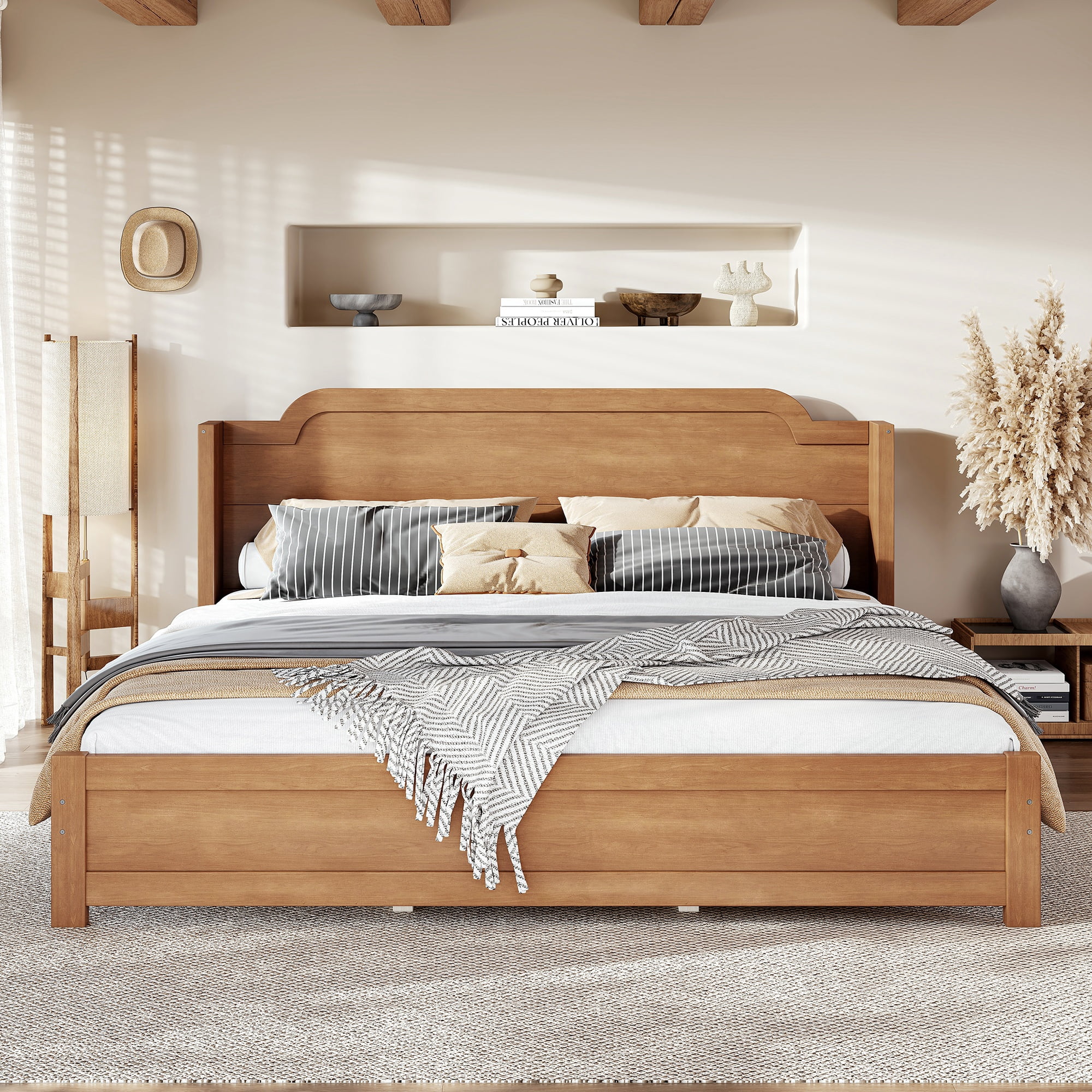 GARITIN King Solid Wood Platform Bed with Headboard, Natural Finish & Minimalist Design, Easy Assembly, No Box Spring Needed Traditional Wood Bed Frame, Natural