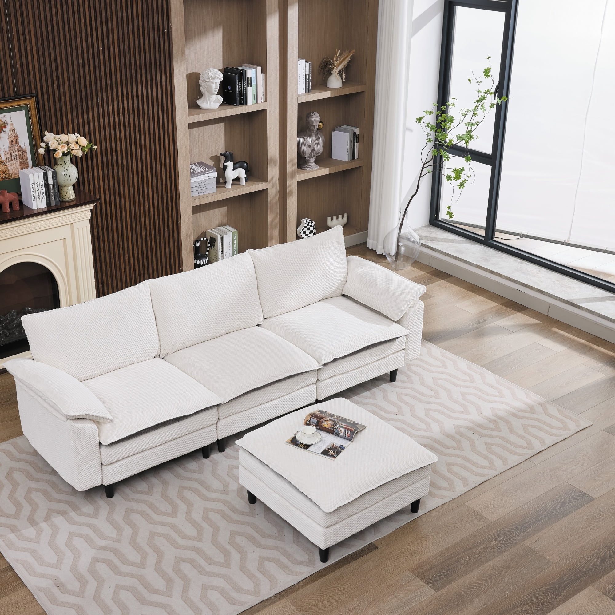 GARITIN L Shaped Modular Cloud Sofa 100 Inch, Chenille Sectional Couch with Ottoman and Deep Seat for Living Room Apartment, Black and White