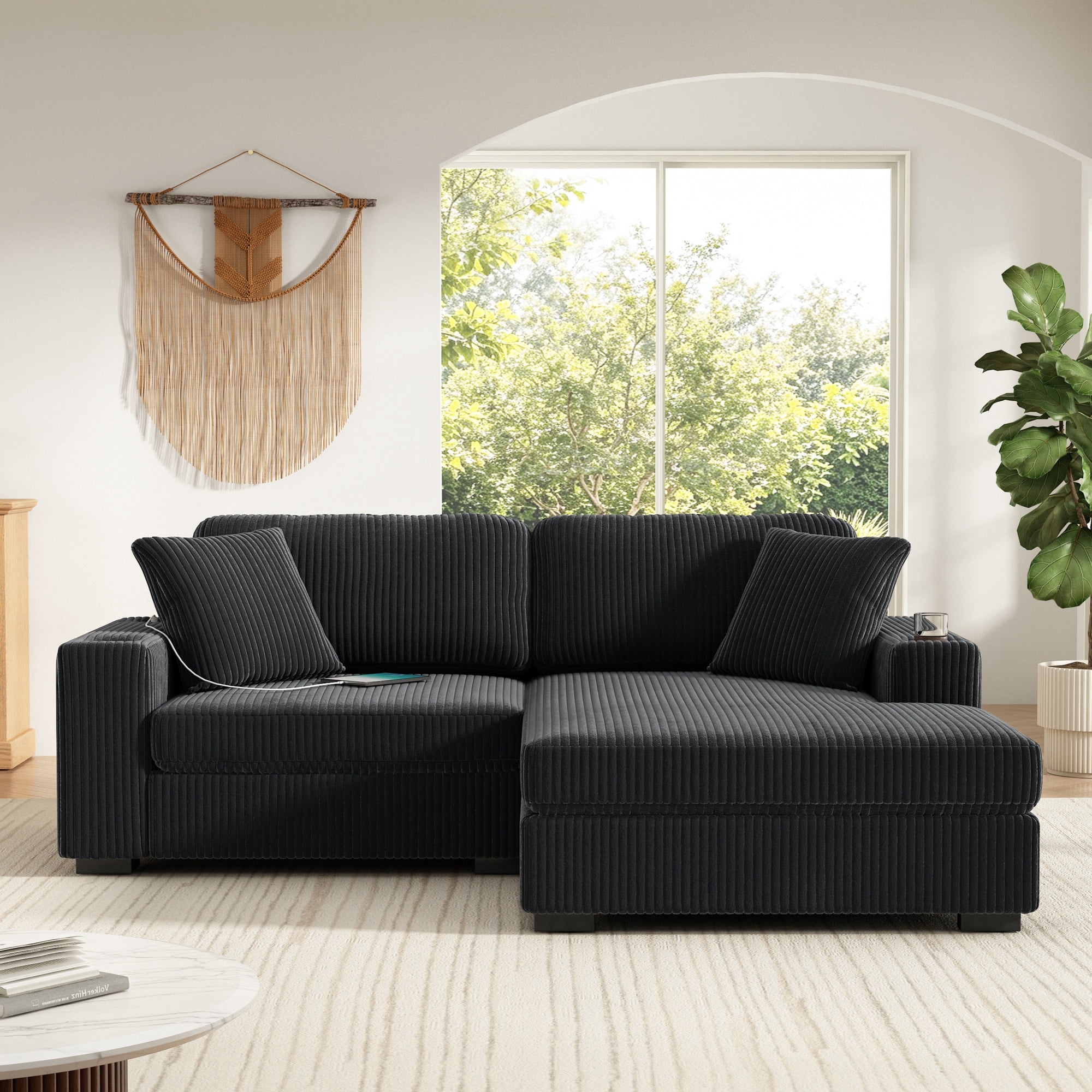 GARITIN L Shaped Sectional Sofa 86.5 Inch, Corduroy Upholstered Couch with Cup Holders and Charging Ports for Living Room, Black