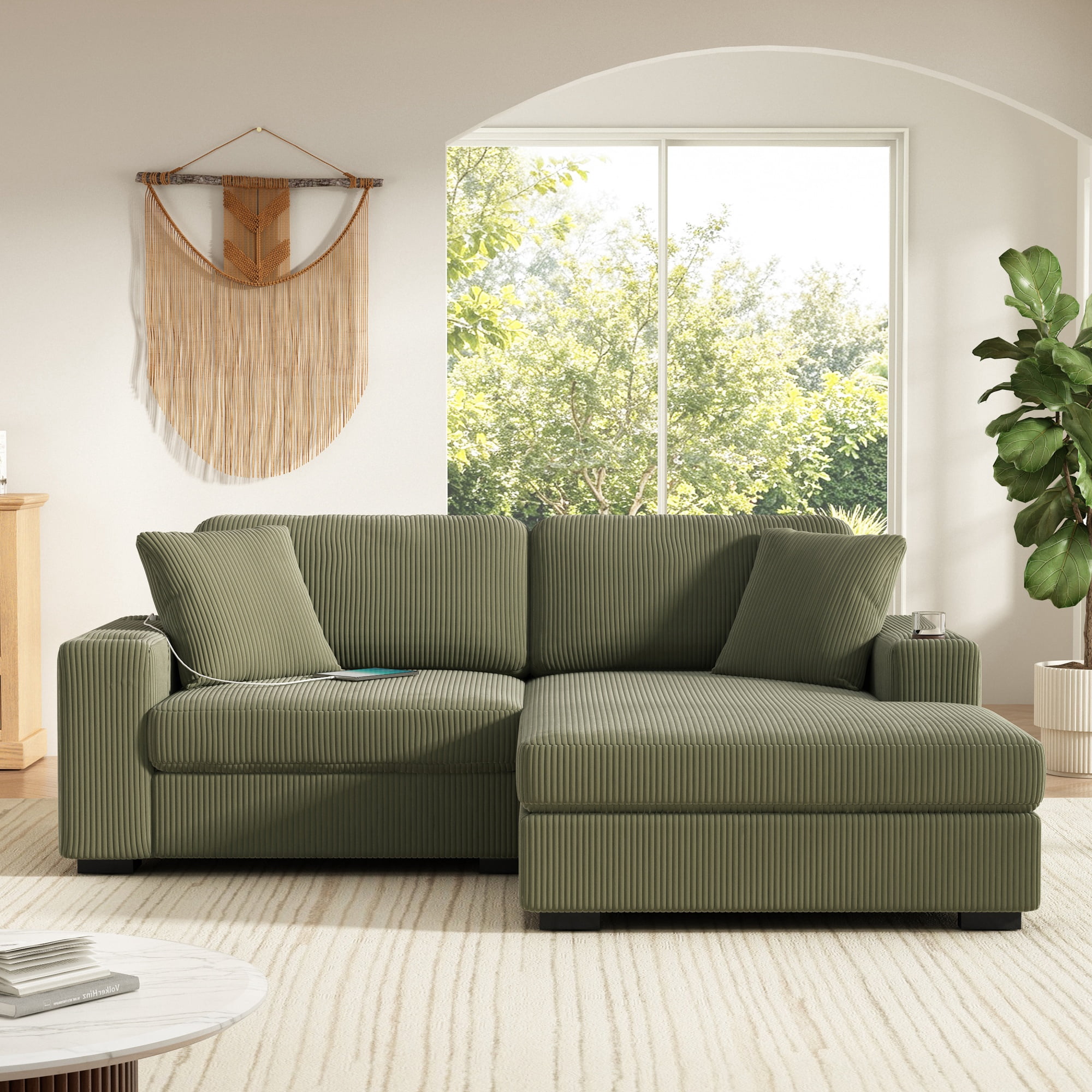 GARITIN L Shaped Sectional Sofa 86.5 Inch, Corduroy Upholstered Couch with Cup Holders and Charging Ports for Living Room, Green