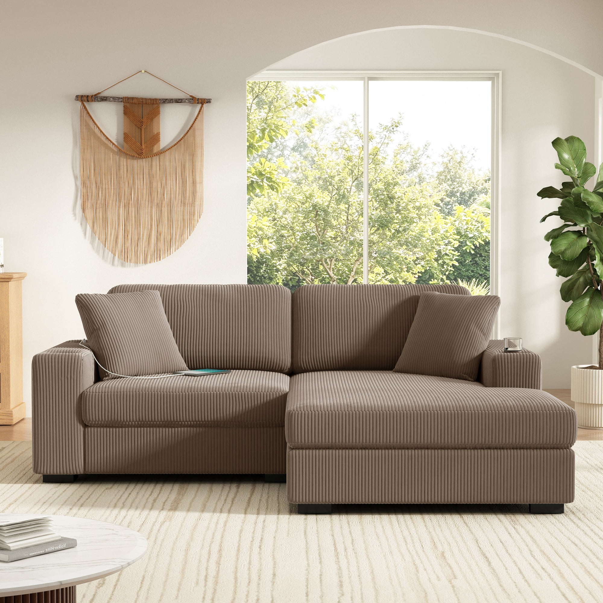 GARITIN L Shaped Sectional Sofa 86.5 Inch, Corduroy Upholstered Couch with Cup Holders and Charging Ports for Living Room, Khaki