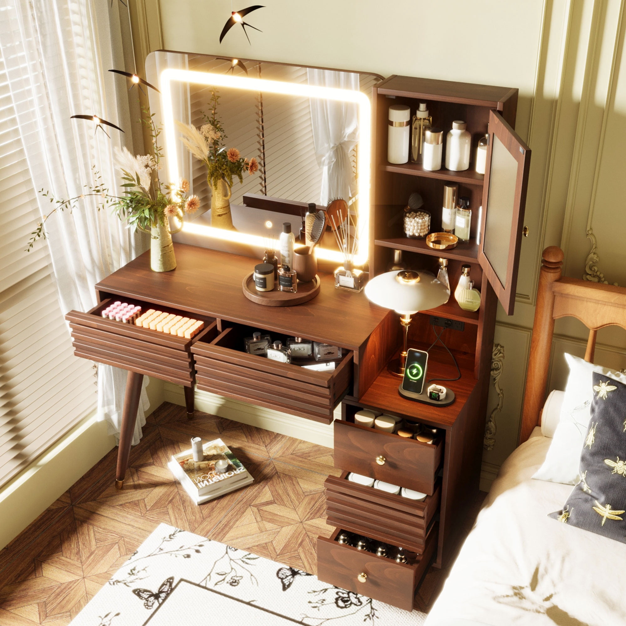 GARITIN Makeup Vanity Desk 45.9 Inch, Dressing Table with Mirror and LED Lights, 5 Drawers and Fluted Glass Storage Cabinet with Power Outlet, Espresso