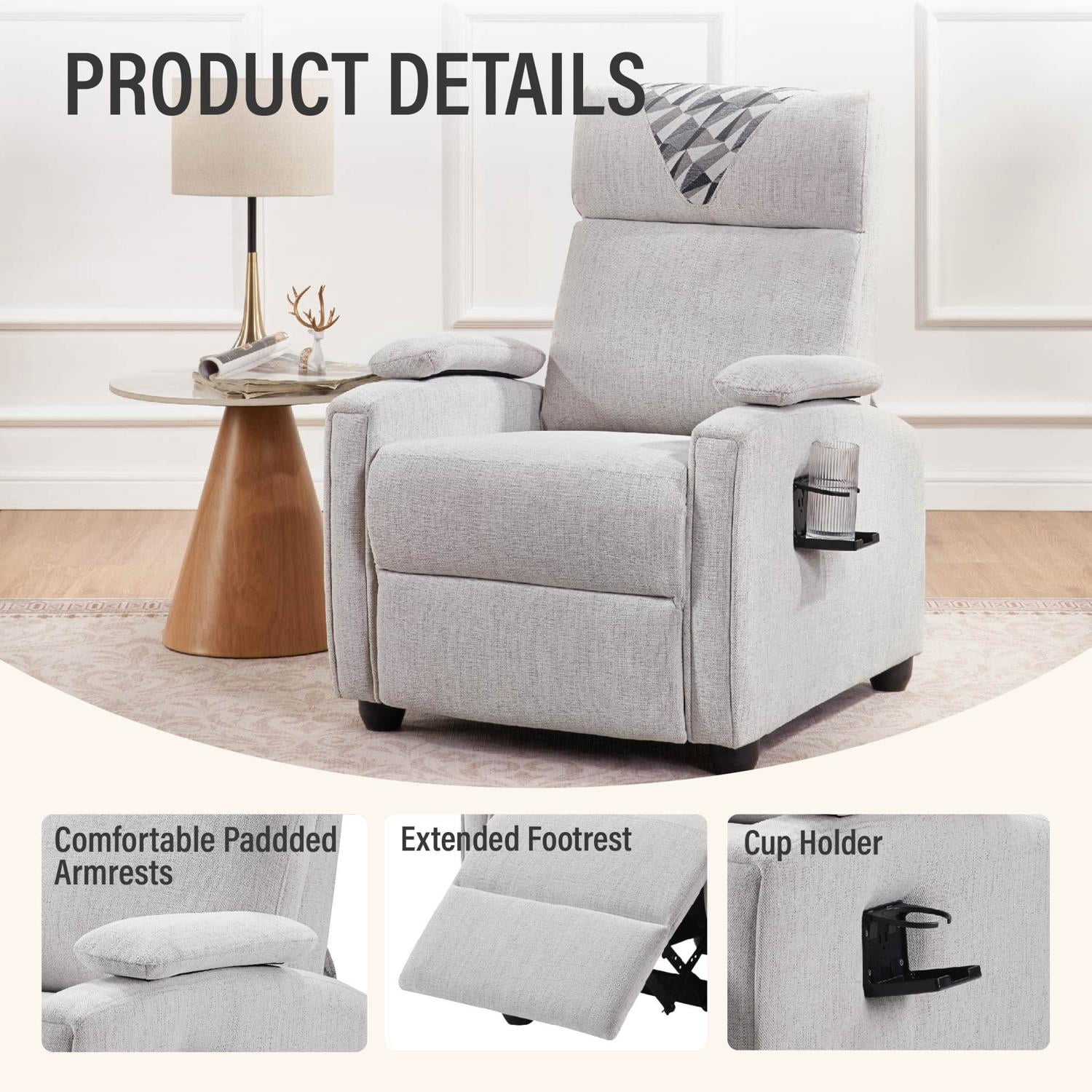 GARITIN Manual Recliner Chair with Comfortable Arms and Backrest, Classic Traditional Single Sofa with Cup Holder, Breathable Linen Upholstered Lounge Chair with Steel Frame for Living Room, Gray