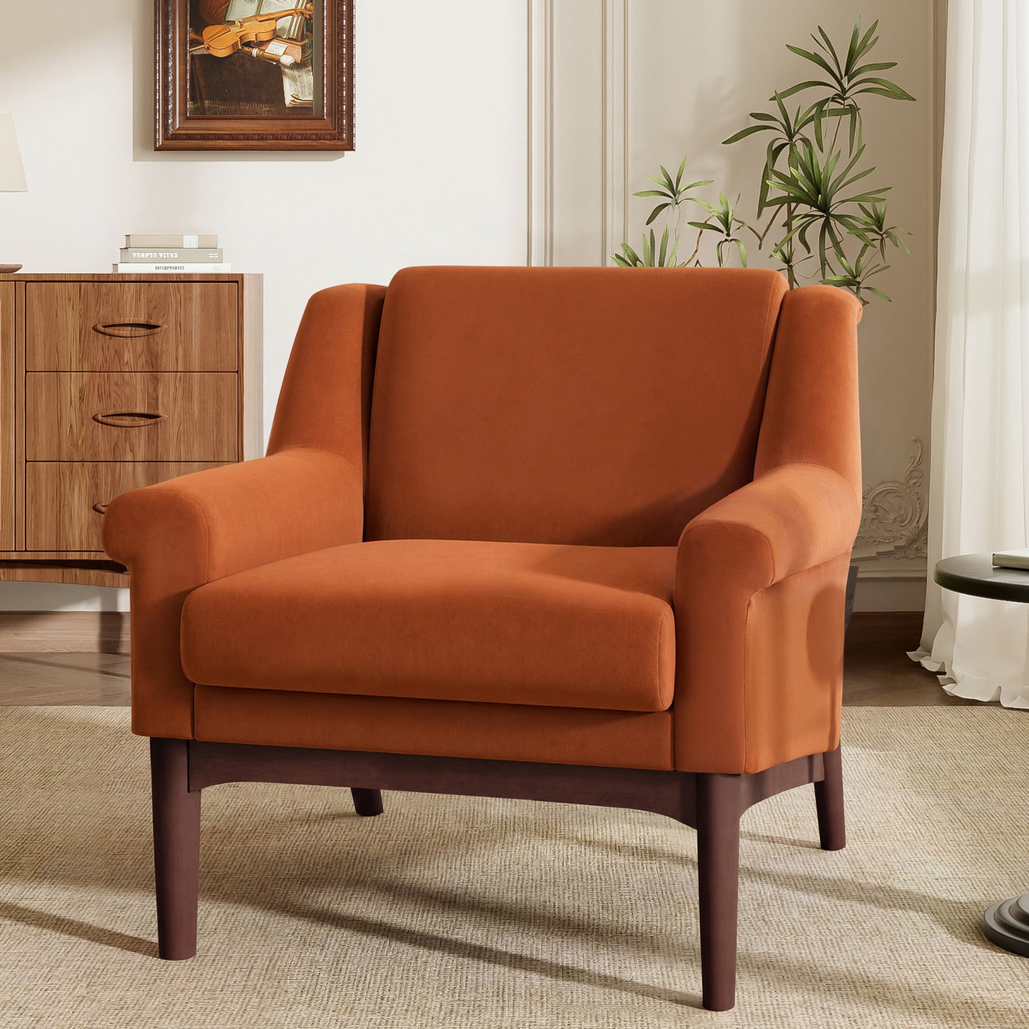 GARITIN Mid Century Modern Accent Chair 31 Inch, Upholstered Lounge Chair with Flared Arms and Solid Wood Legs for Living Room, Orange