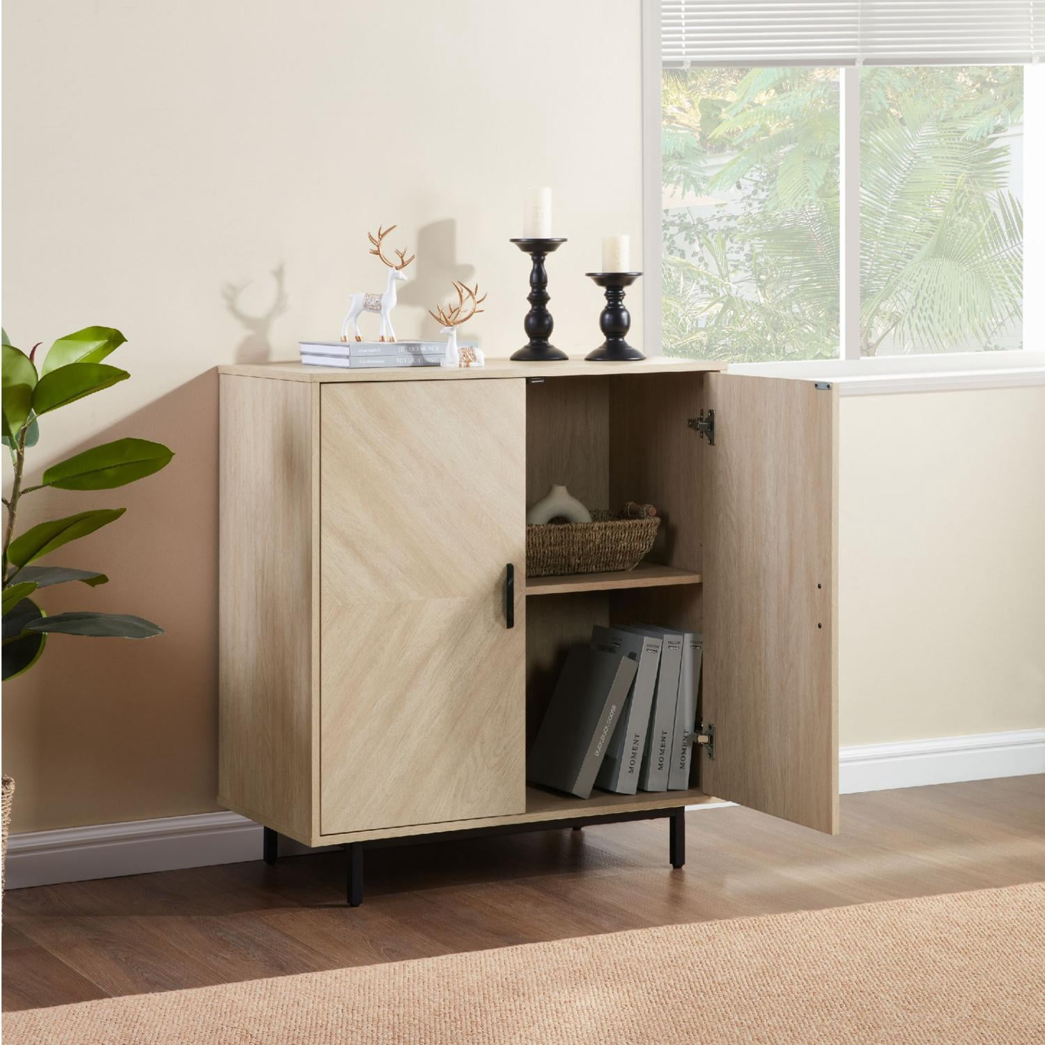 GARITIN Modern Wood Grain Accent Cabinet with Doors, Buffet Sideboard Storage Cabinet with Adjustable Shelf and Concealed European Hinges, Stylish Organizer for Living Room Kitchen Entryway, Yellow