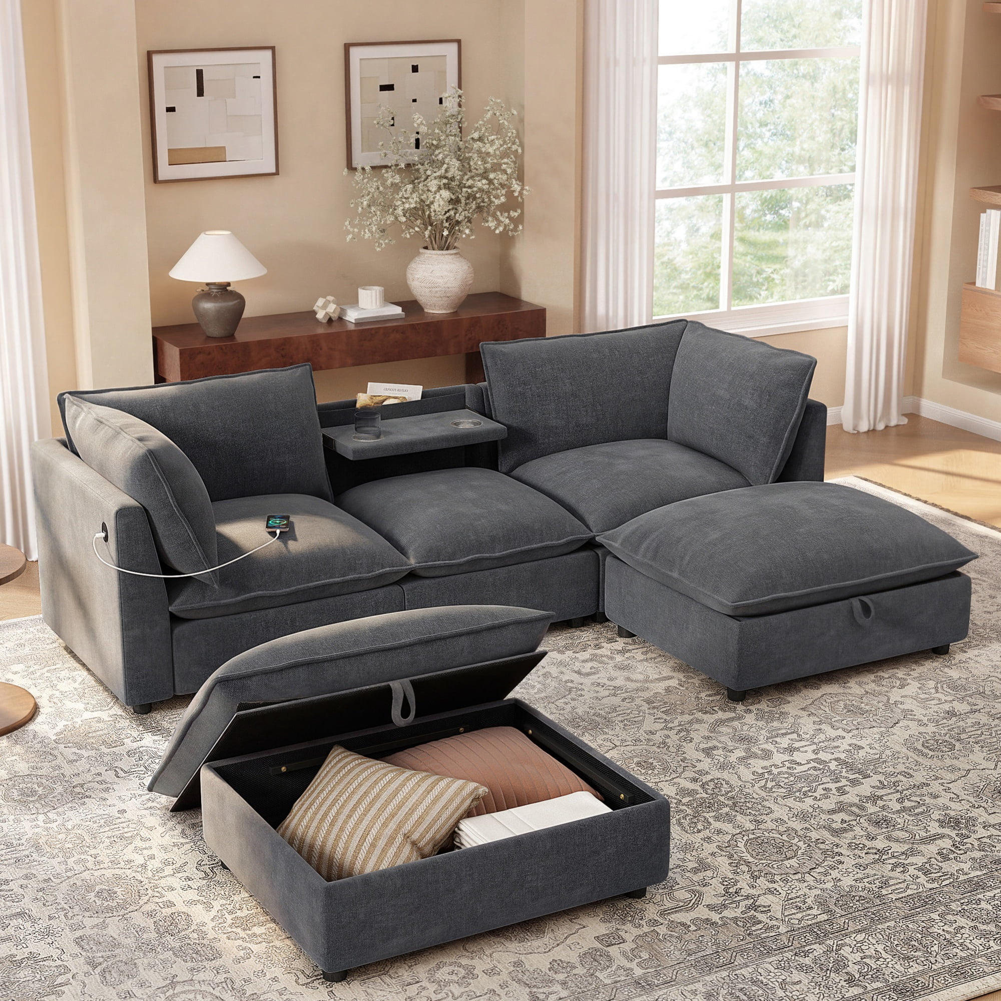 GARITIN Modular Sectional Sofa 98 Inch, U Shaped Cloud Couch with Movable Storage Ottoman and Fold Down Backrest Table, Gray