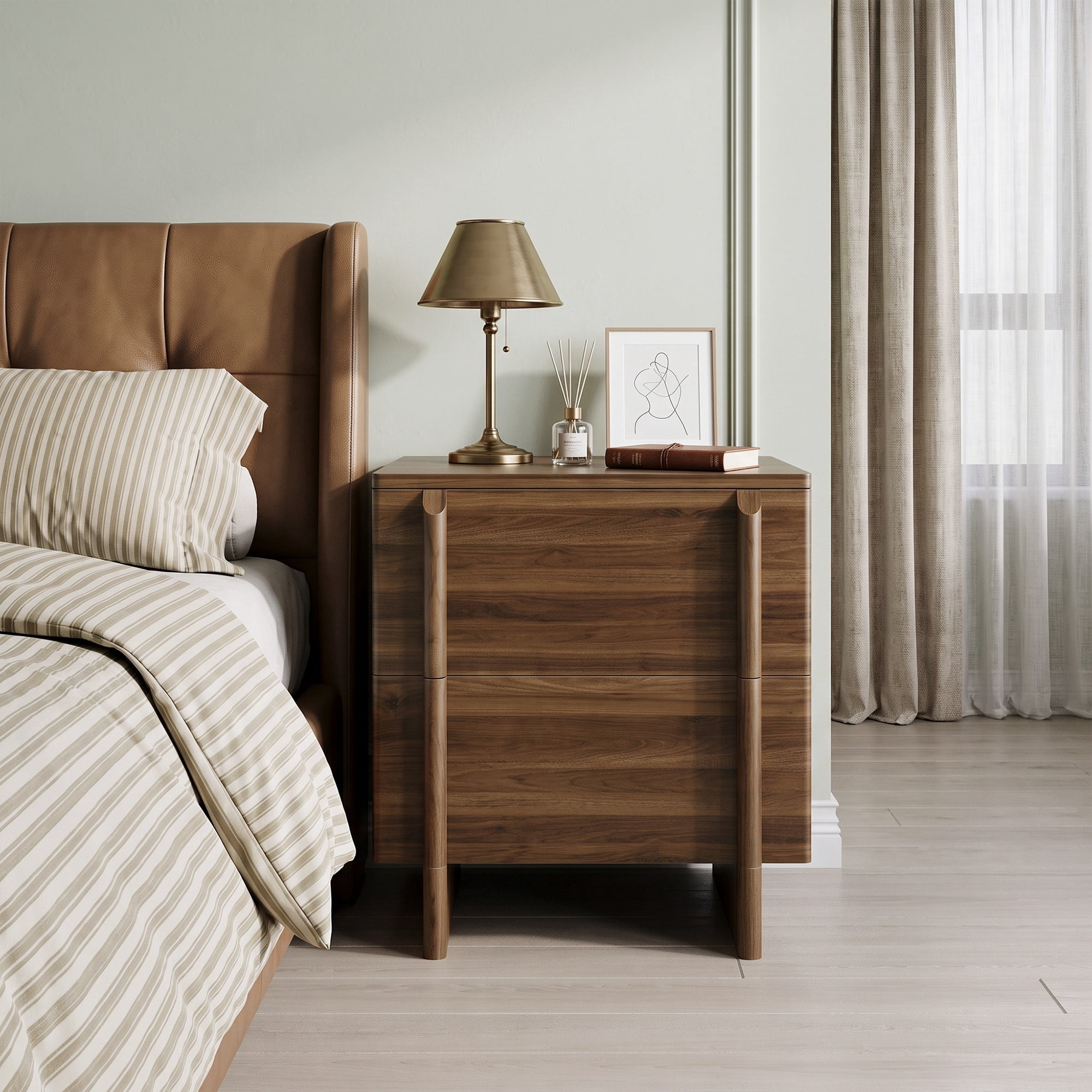 GARITIN Nightstand and Bedside Table 18 Inch, Walnut Mid Century Modern Nightstand with 2 Drawers and Wood Legs for Bedroom Living Room