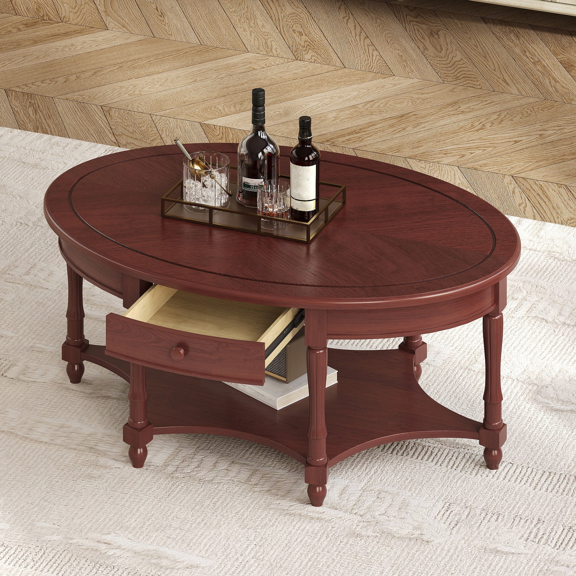 GARITIN Oval Coffee Table 45 Inch, Vintage Cocktail Table with Drawer and Storage Shelf for Living Room, Cherry