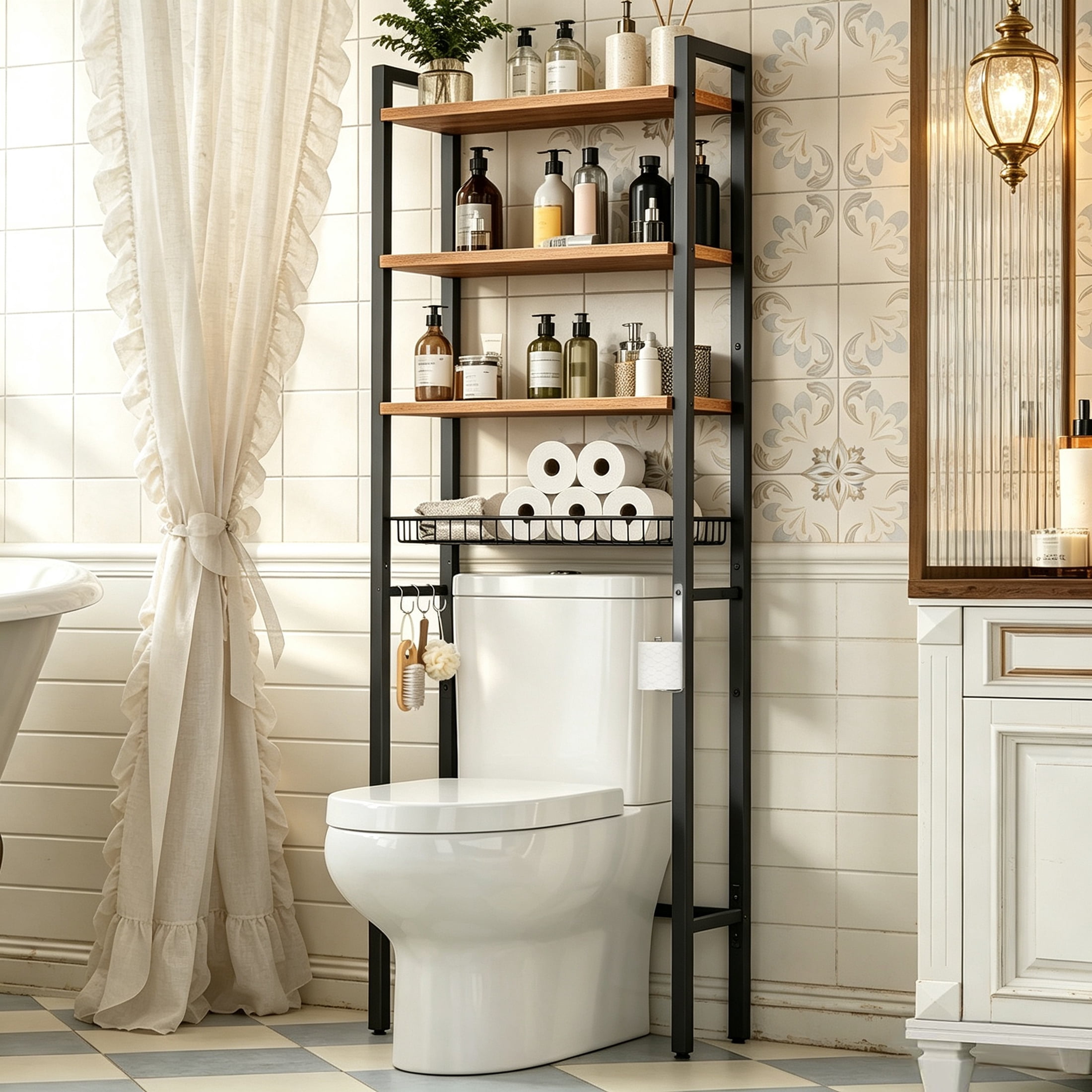 cisilov Over The Toilet Storage Shelf, 4-Tier Bathroom Organizer with Hooks & Toilet Paper Holder, Over Toilet Storage Rack for Small Bathroom, Black