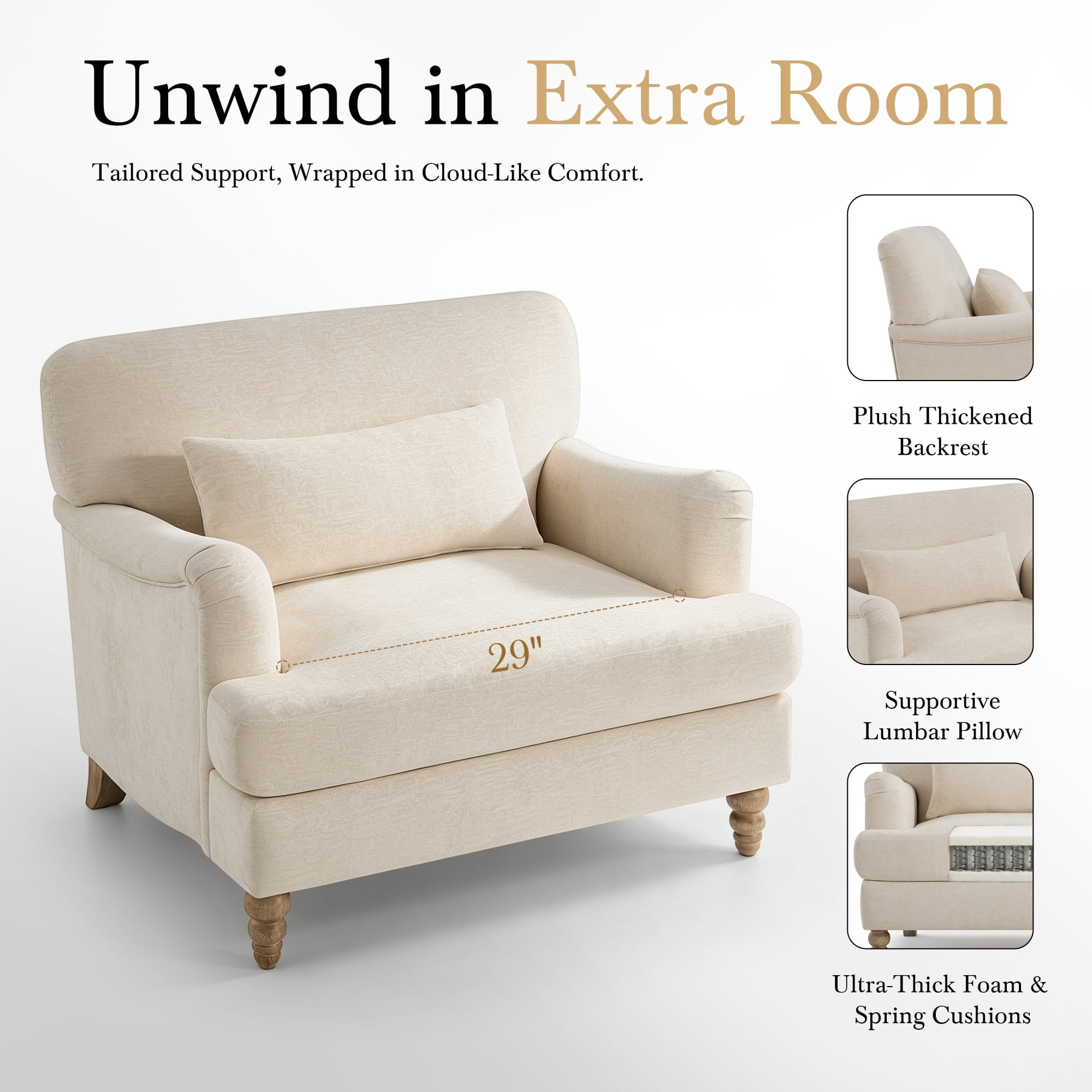 GARITIN Oversized Accent Chair 40.5 Inch, Modern Upholstered Armchair with Lumbar Pillow and Turned Wood Legs for Living Room, Beige