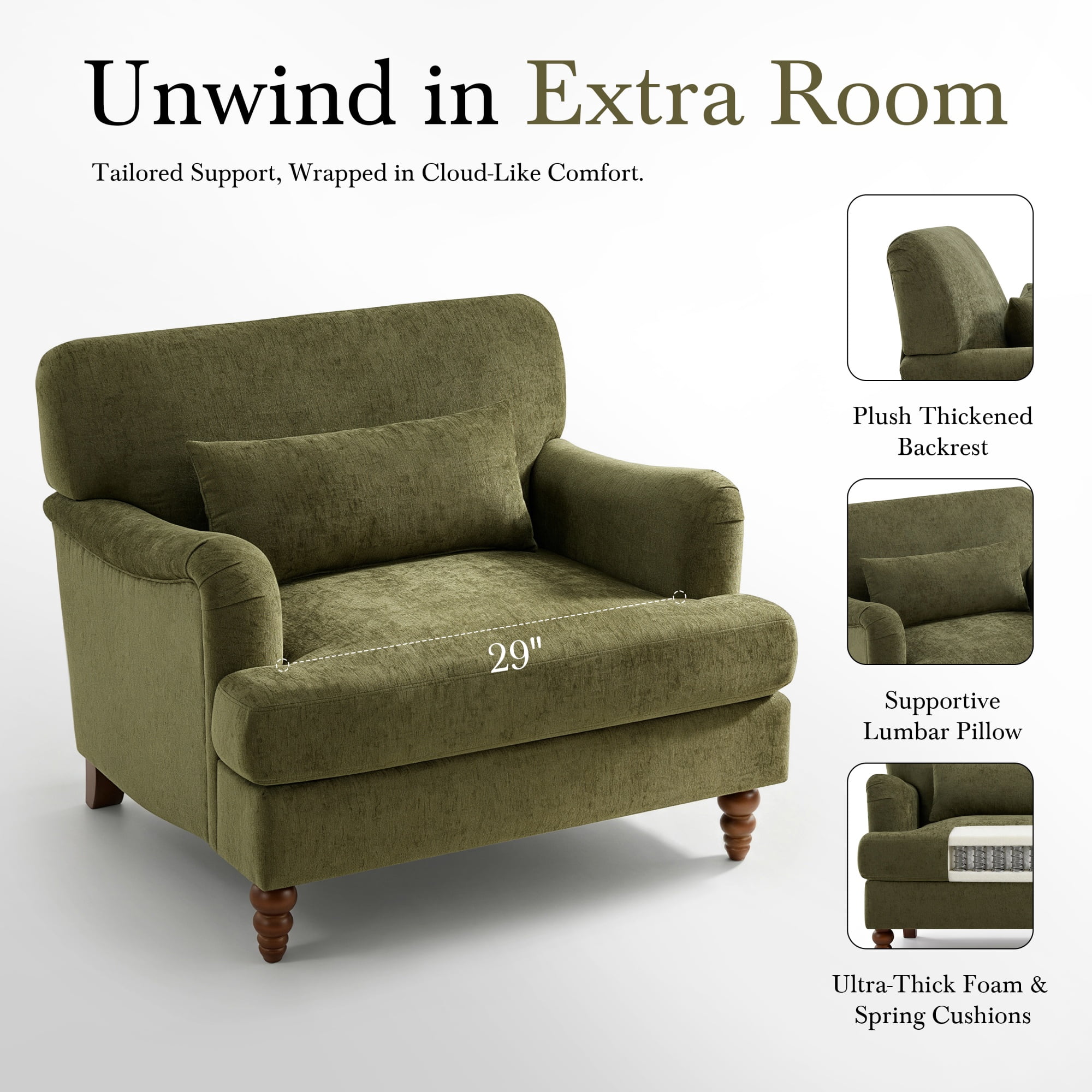 GARITIN Oversized Accent Chair 40.5 Inch, Modern Upholstered Armchair with Lumbar Pillow and Turned Wood Legs for Living Room, Green