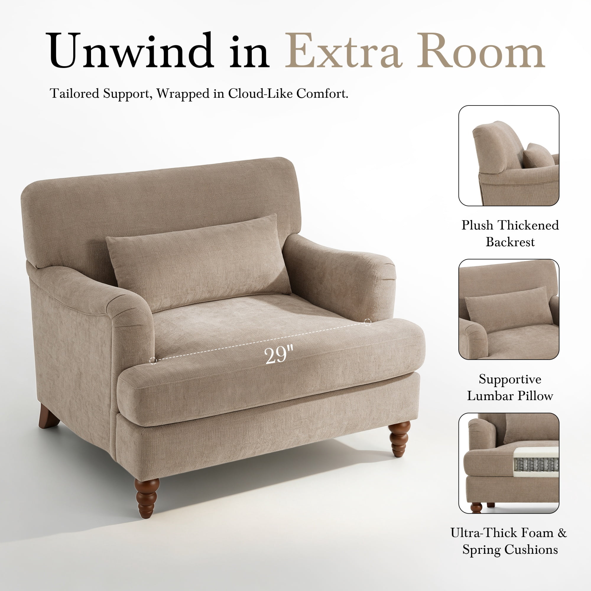 GARITIN Oversized Accent Chair 40.5 Inch, Modern Upholstered Armchair with Lumbar Pillow and Turned Wood Legs for Living Room, Light Brown