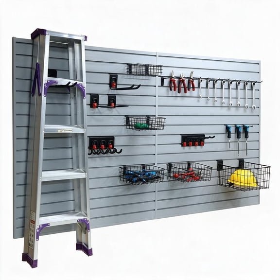 GARITIN PVC Slatwall Panel Kit, 4x8 ft Garage Wall Storage System with Safety-Lock Hooks, Water-Resistant Panels, Hidden Screw Design, 24 Hooks Set, Grey