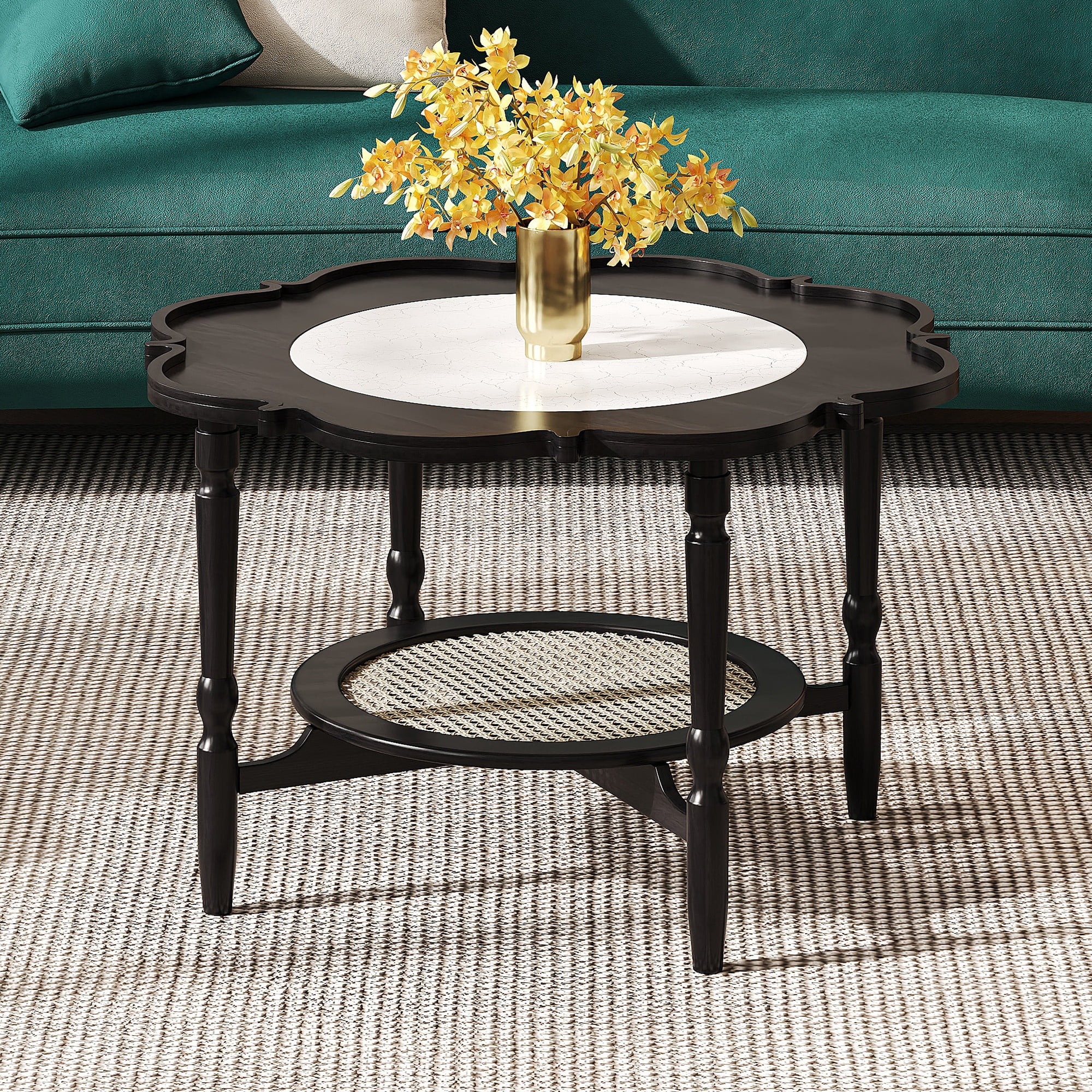 GARITIN Petal Shape Coffee Table 31.5 Inch, 2 Tiered Coffee Table with White Crackle Pattern Glass and Rattan for Living Room, Black