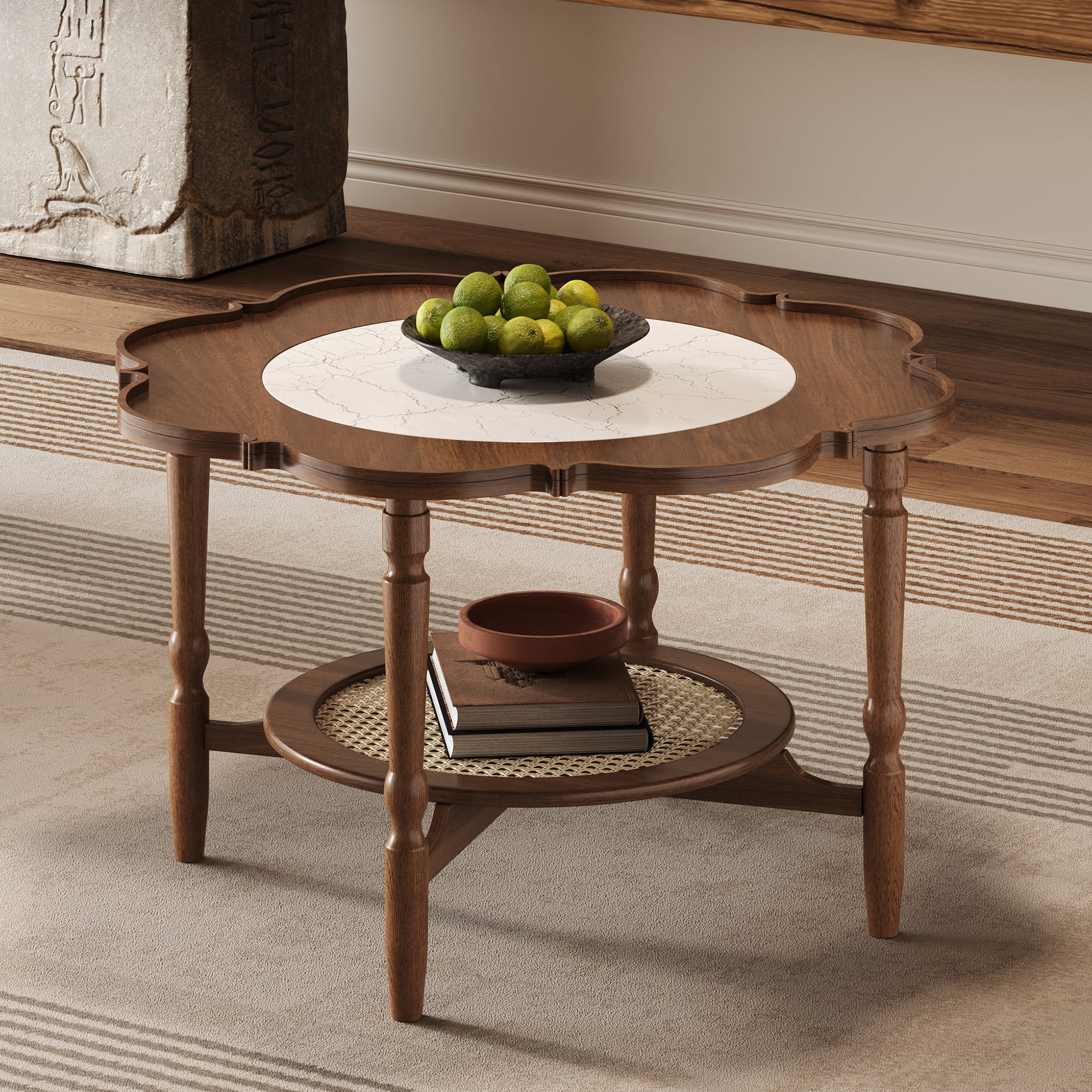 GARITIN Petal Shape Coffee Table 31.5 Inch, 2 Tiered Coffee Table with White Crackle Pattern Glass and Rattan for Living Room, Walnut