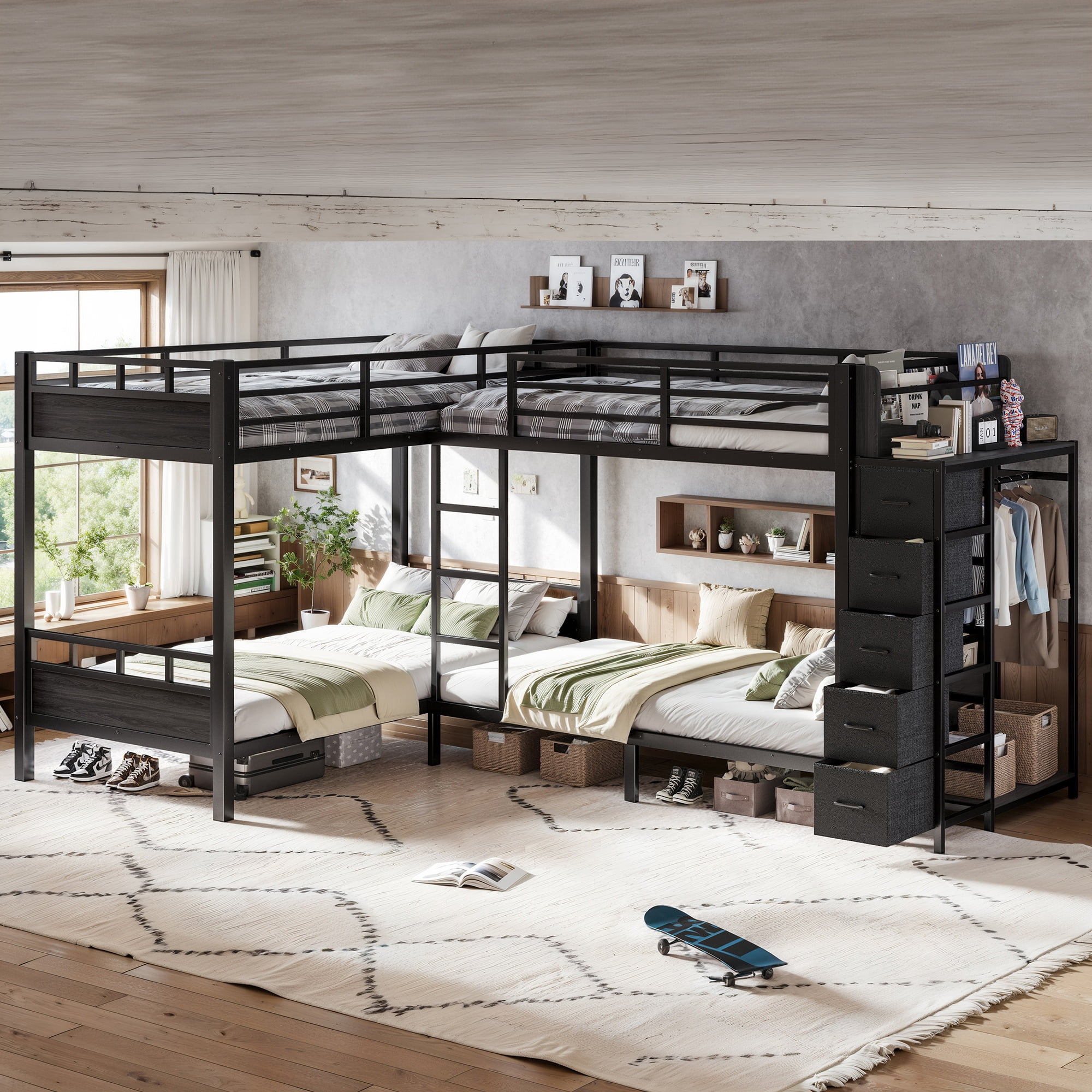GARITIN Quad Twin Metal Bunk Bed 129.53 Inch, 4 Twin Bed Frame with Storage Drawers and Wardrobe for Kids Room, Black