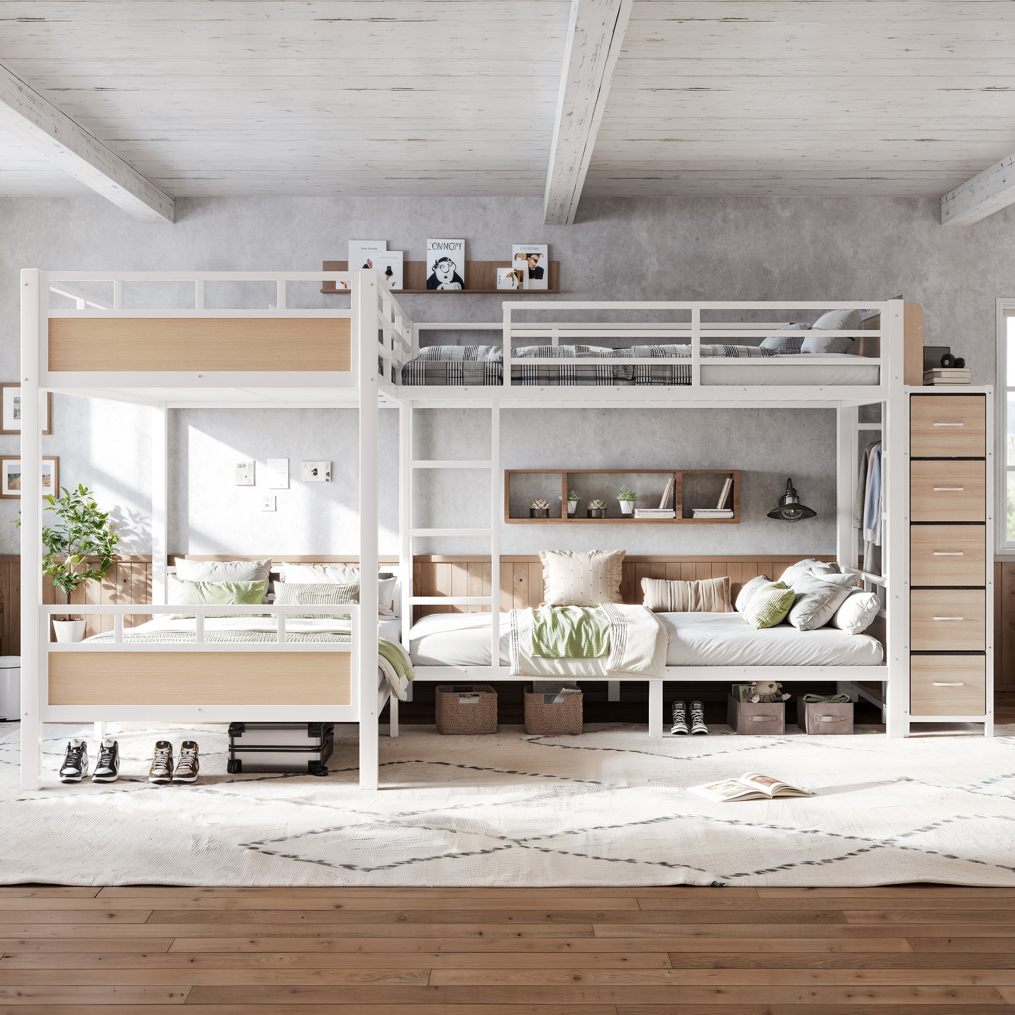 GARITIN Quad Twin Metal Bunk Bed 129.53 Inch, 4 Twin Bed Frame with Storage Drawers and Wardrobe for Kids Room, White