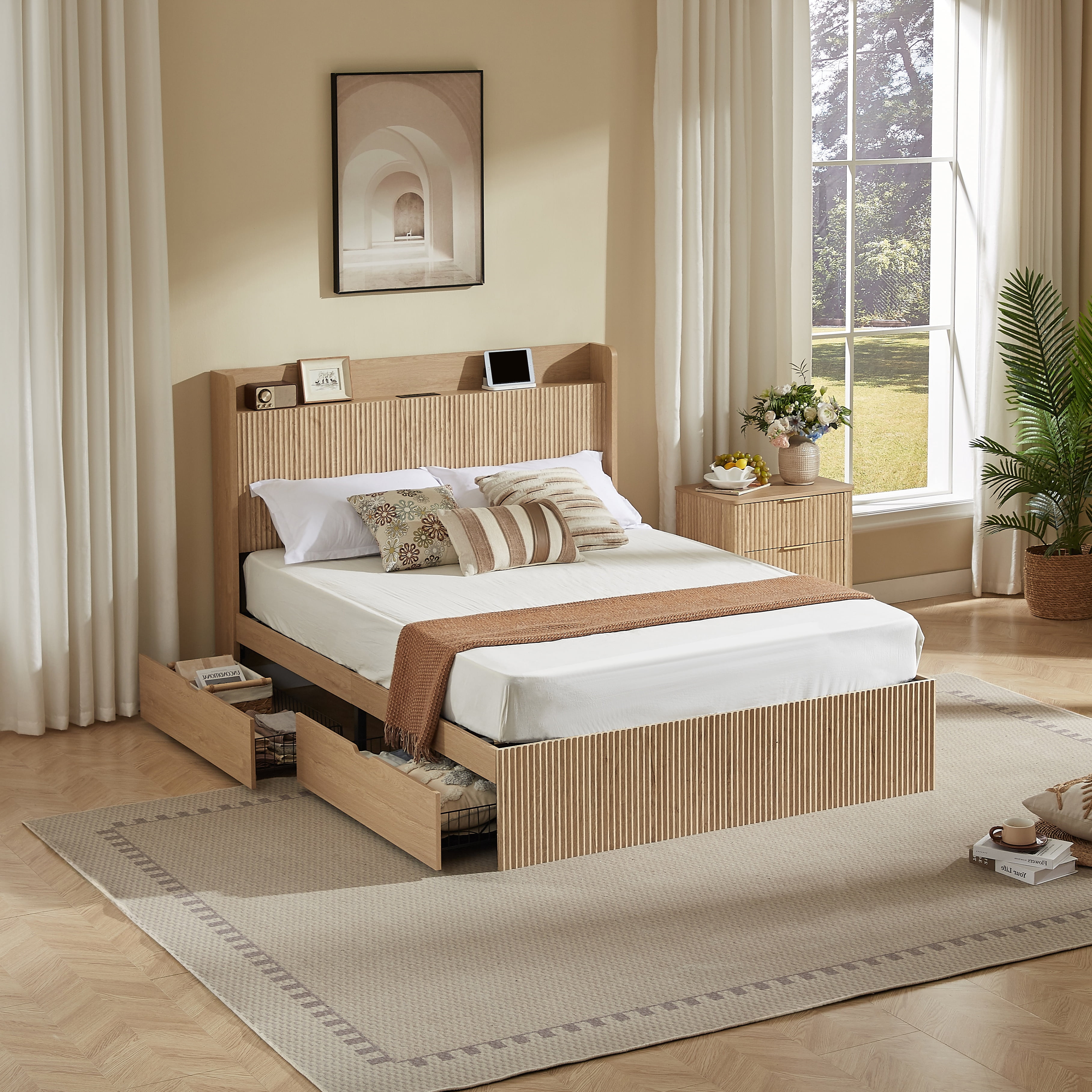 GARITIN Queen Size Platform Bed Frame with 4 Storage Drawers & Built-in Charging Station, Wooden Storage Box Bed, Large Capacity Organizer for Bedroom, Natural