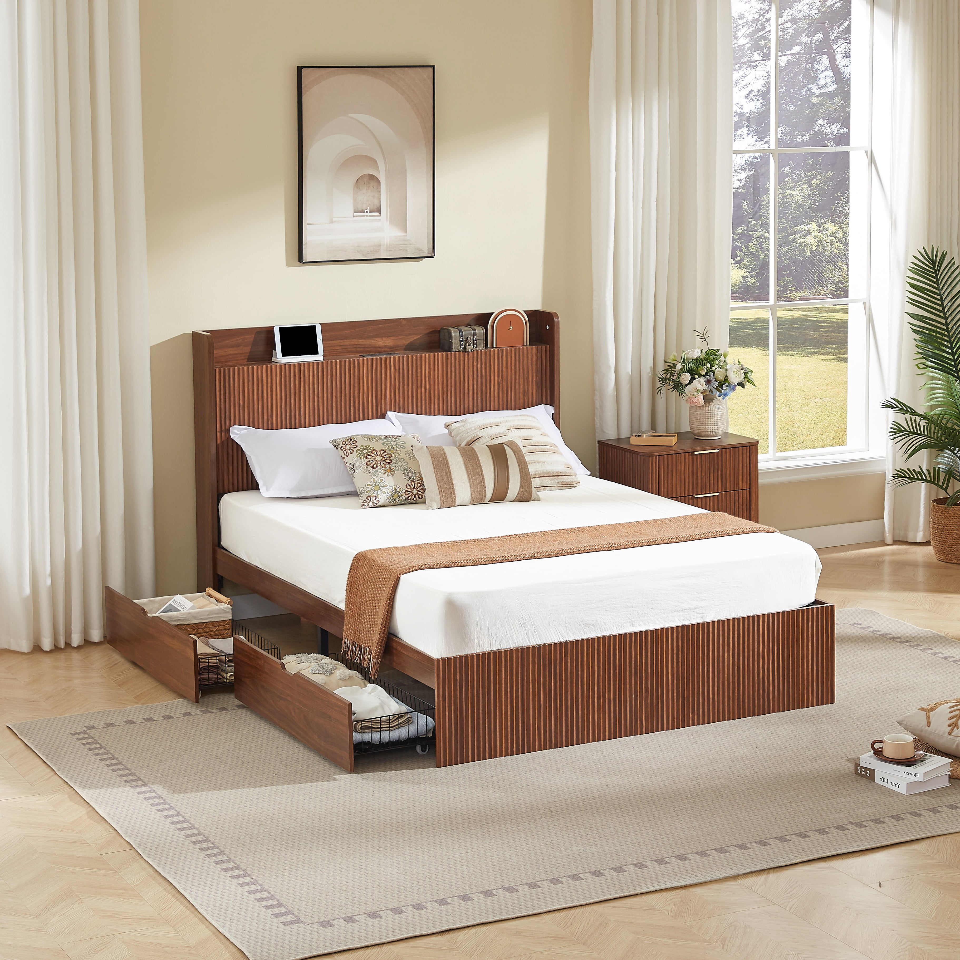 GARITIN Queen Size Platform Bed Frame with 4 Storage Drawers & Built-in Charging Station, Wooden Storage Box Bed, Large Capacity Organizer for Bedroom, Walnut