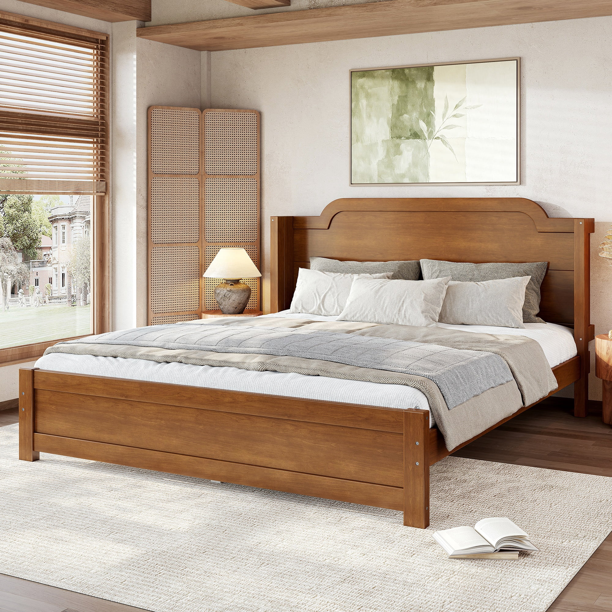 GARITIN Queen Solid Wood Platform Bed with Headboard, Brown Finish & Minimalist Design, Easy Assembly, No Box Spring Needed Traditional Wood Bed Frame, Brown