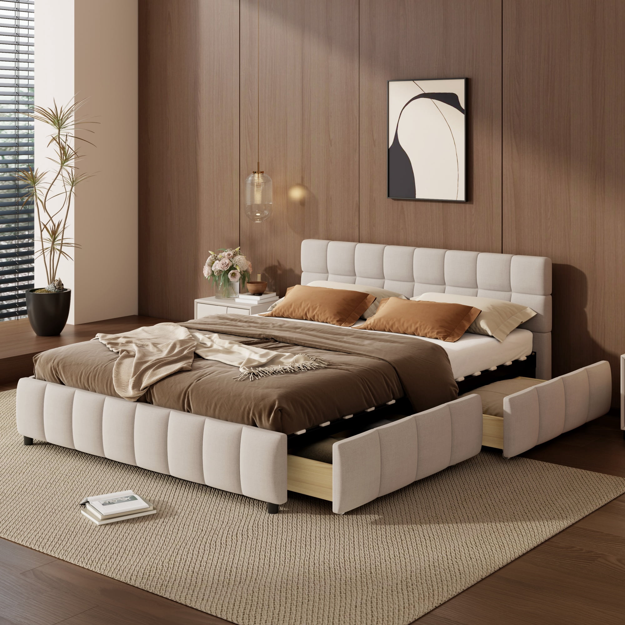 GARITIN Queen Upholstered Platform Bed Frame 86.6 Inch, Bed Frame with 4 Storage Drawers and Block Grid Tufted Headboard, Beige