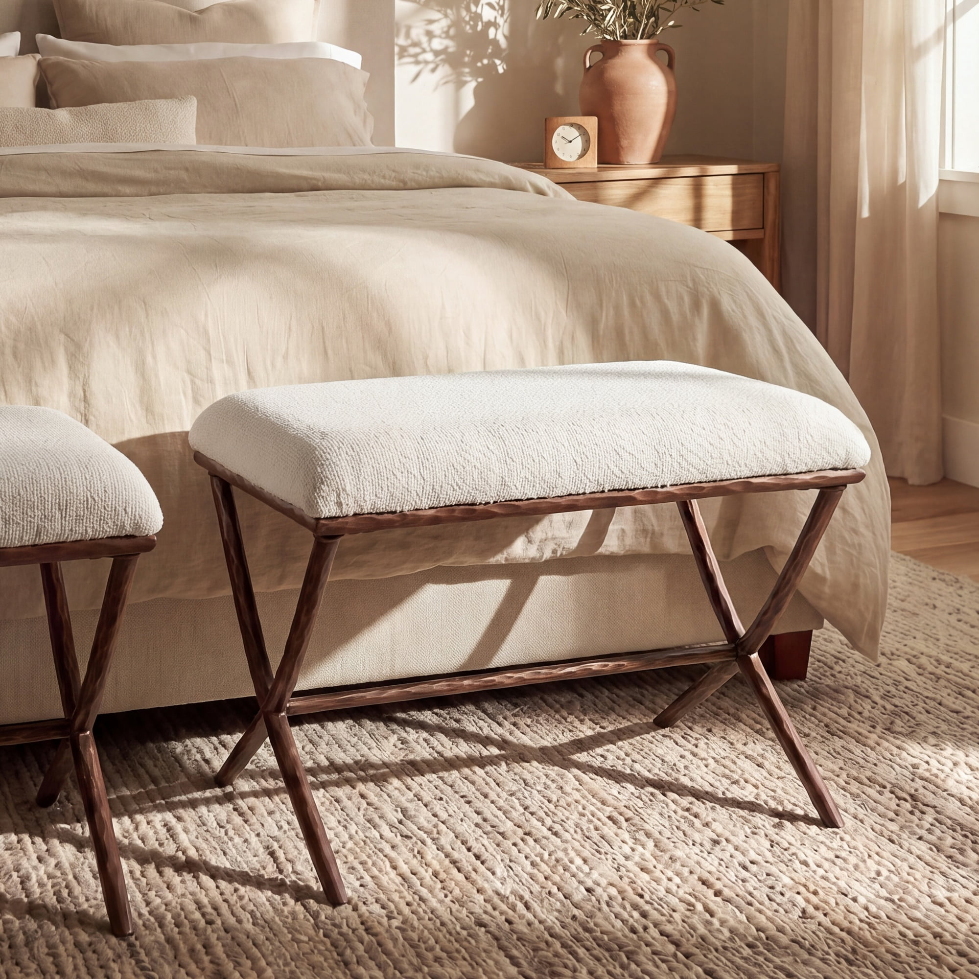 GARITIN Rectangular Ottoman 24.5 Inch, Upholstered Footrest with X Base and Hammered Metal Legs for Living Room Bedroom, Beige