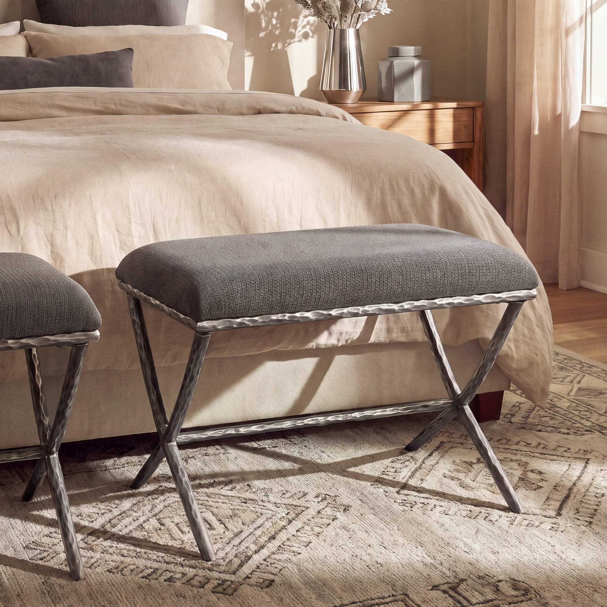 GARITIN Rectangular Ottoman 24.5 Inch, Upholstered Footrest with X Base and Hammered Metal Legs for Living Room Bedroom, Gray