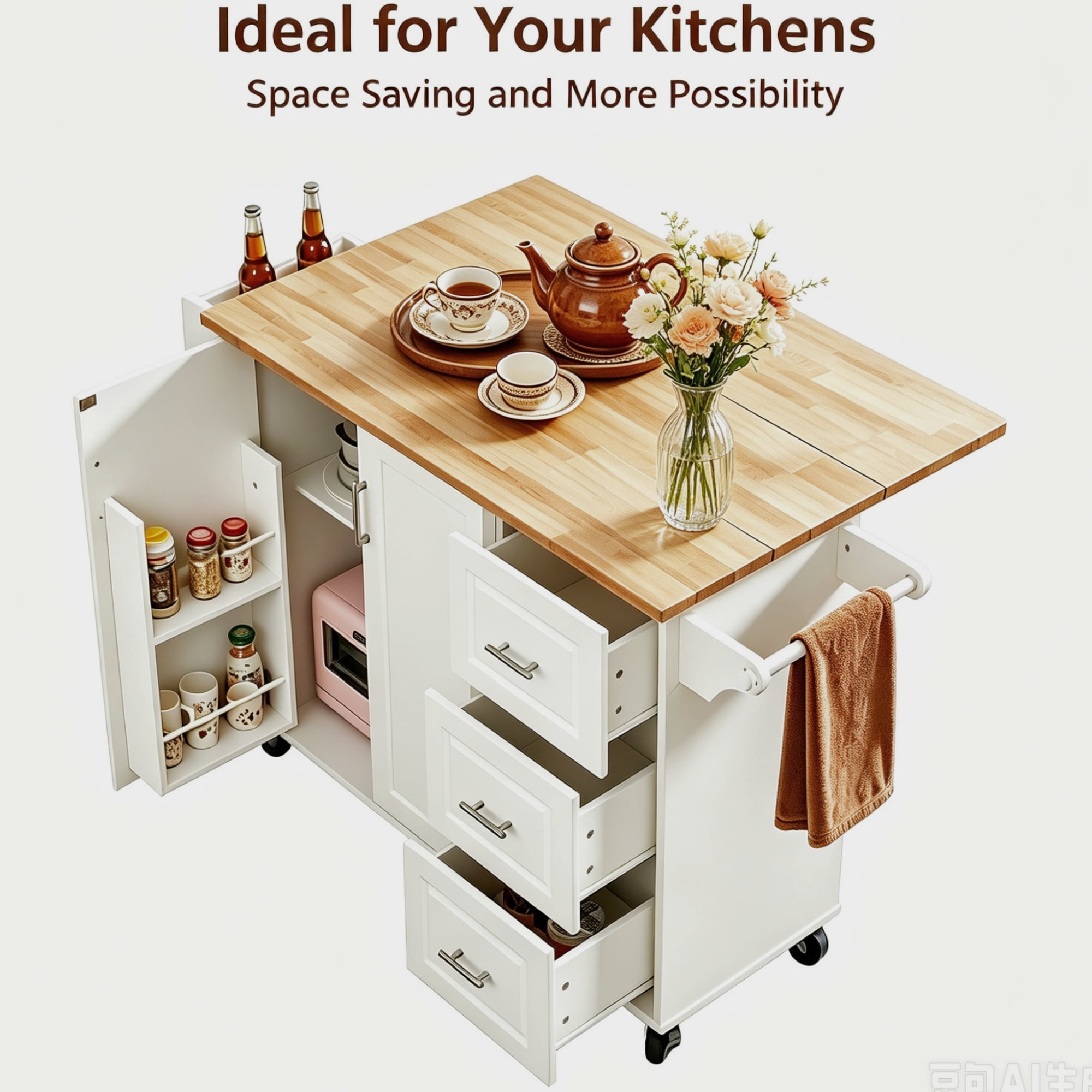 GARITIN Rolling Kitchen Island with Drop Leaf Countertop, Farmhouse Kitchen Storage Cart on Wheels with Drawers Spice Rack and Towel Rack for Small Kitchen Dining Area, White with Oak Top
