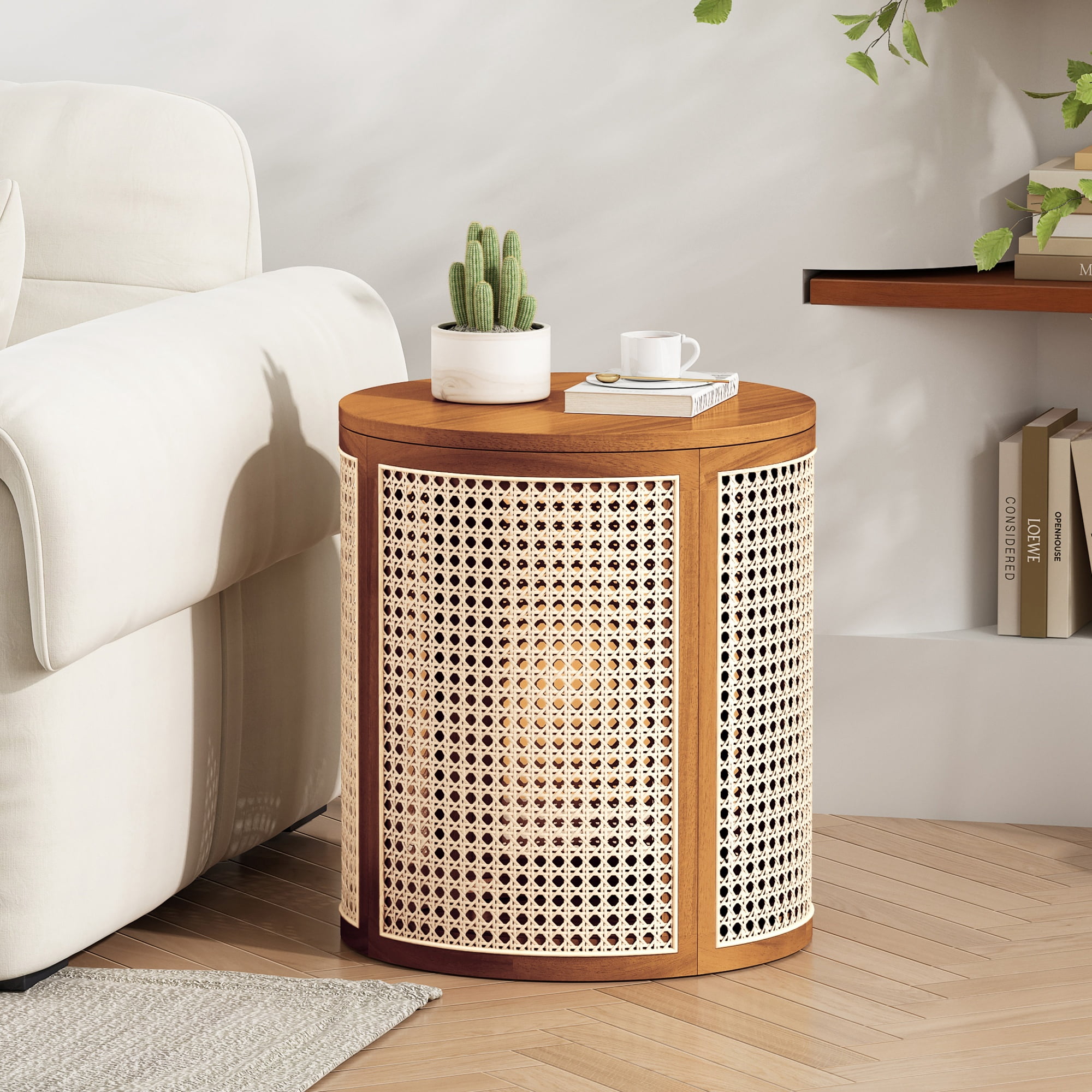 GARITIN Round End Table 15.7 Inch, Woven Rattan Style Side Table with Rubber Wood Frame for Living Room Bedroom, Ochre