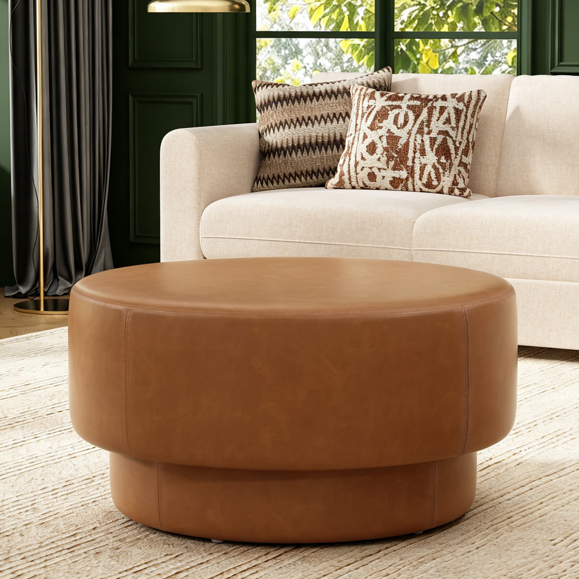 GARITIN Round Ottoman 33 Inch, Modern Double Deck Upholstered Footrest with Faux Leather Cover for Living Room, Brown