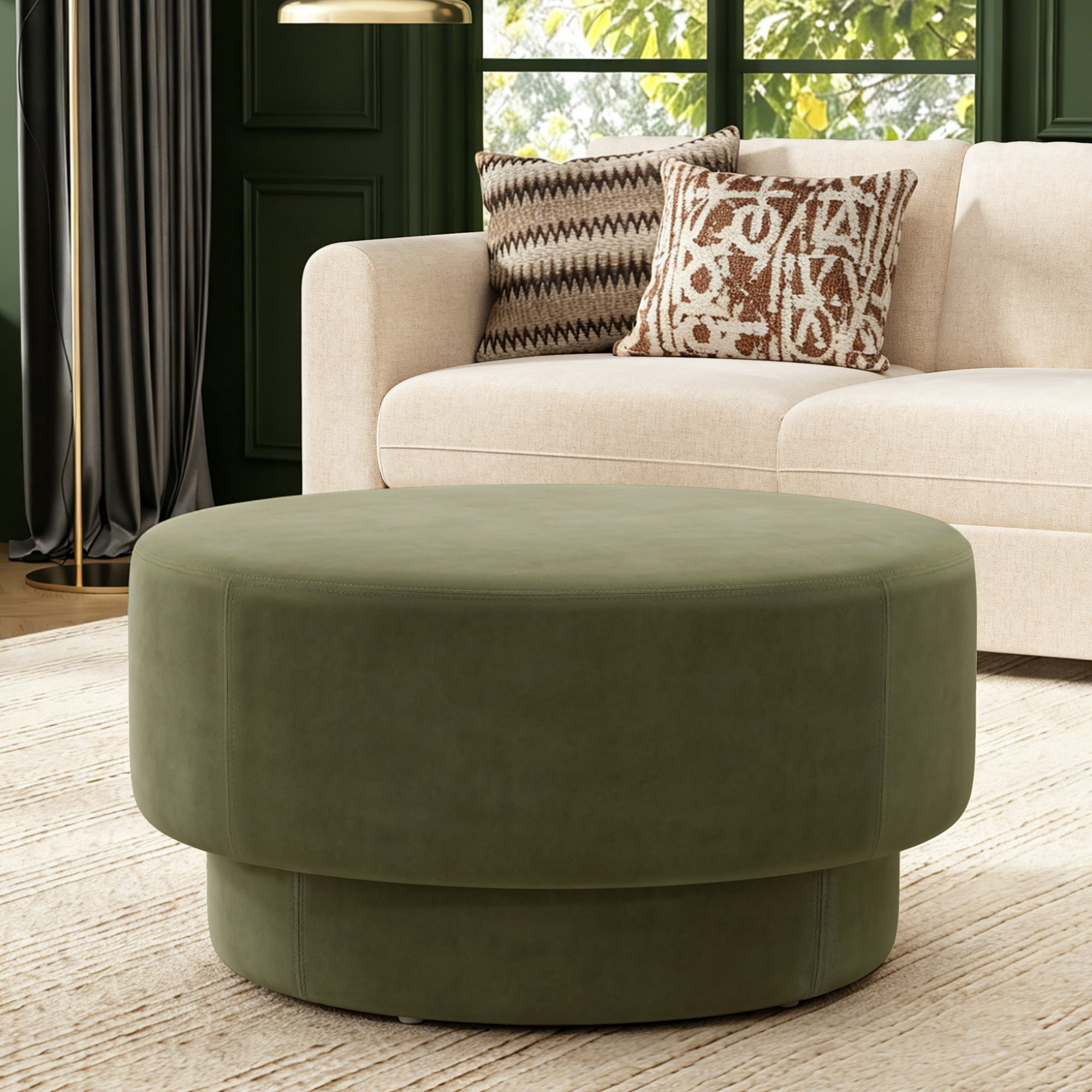 GARITIN Round Ottoman 33 Inch, Modern Double Deck Upholstered Footrest with Velvet Cover for Living Room, Green