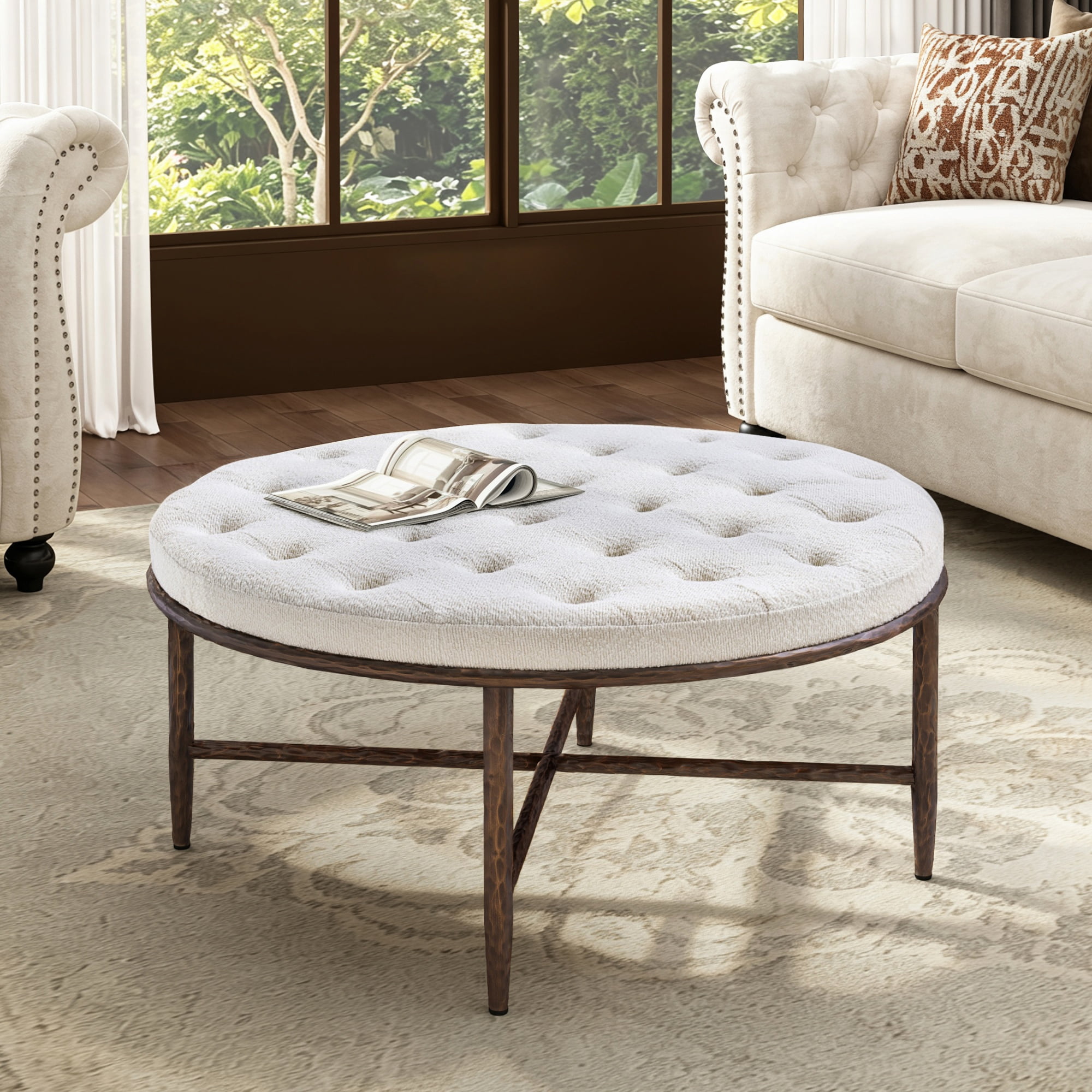 GARITIN Round Tufted Ottoman 36 Inch, Large Upholstered Footstool Coffee Table with Hammered Metal Frame for Living Room, Beige