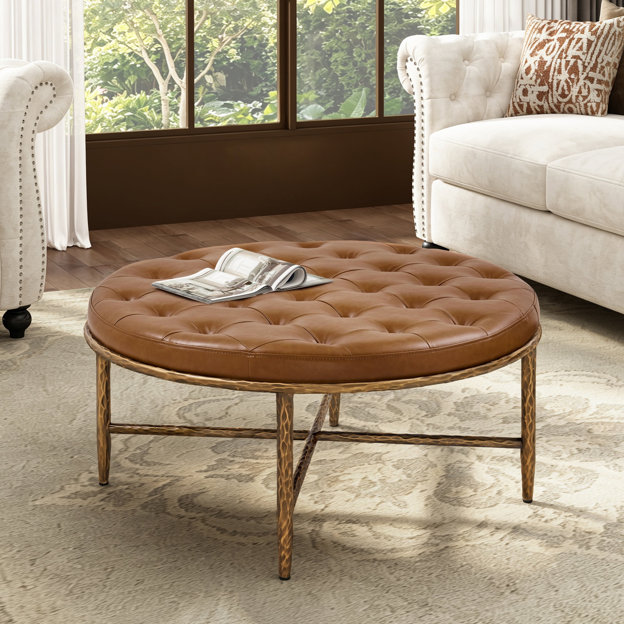 GARITIN Round Tufted Ottoman 36 Inch, Large Upholstered Footstool Coffee Table with Hammered Metal Frame for Living Room, Brown