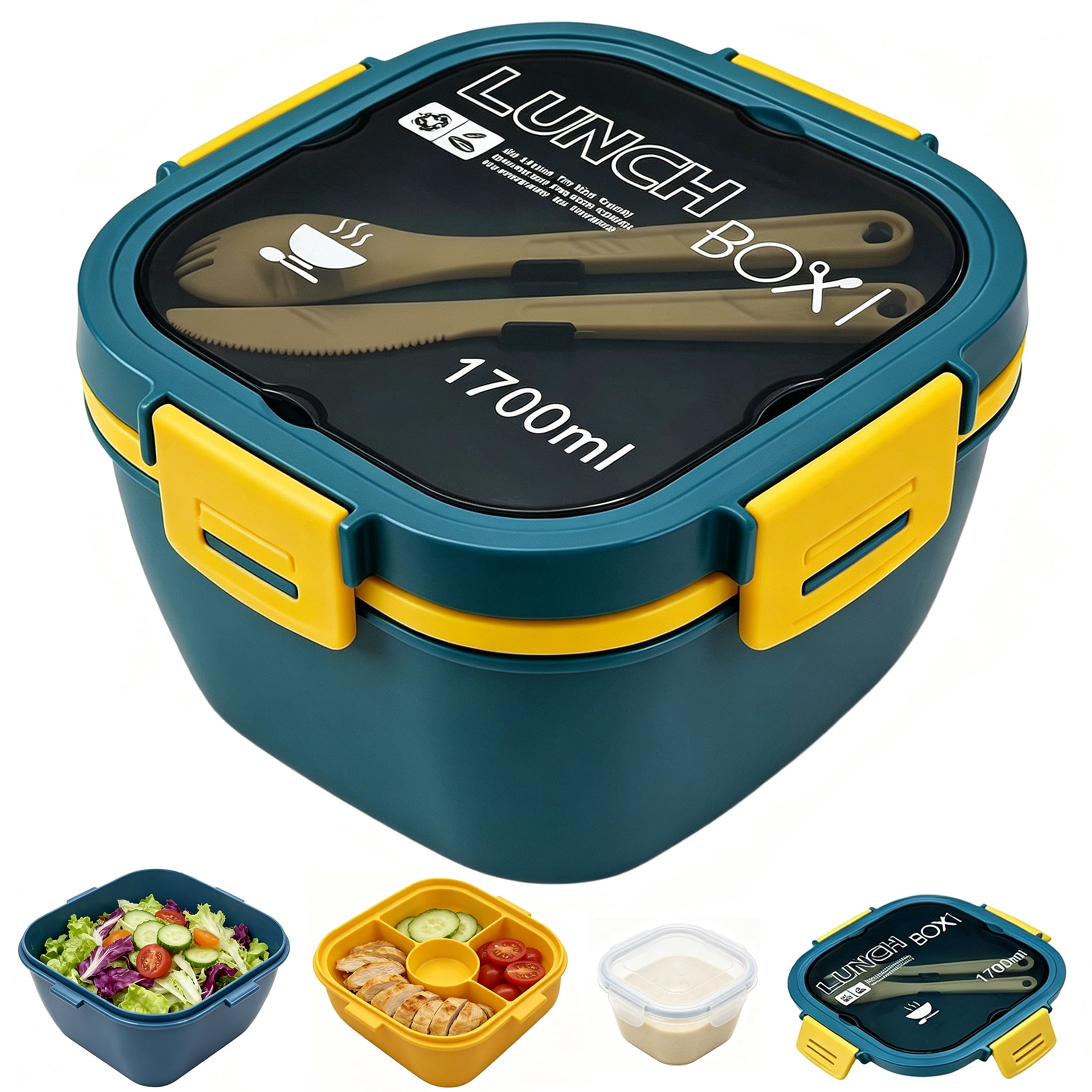 GARITIN Salad Container, 58 oz Bento Lunch Box with 4-Compartment Tray for Meal Prep