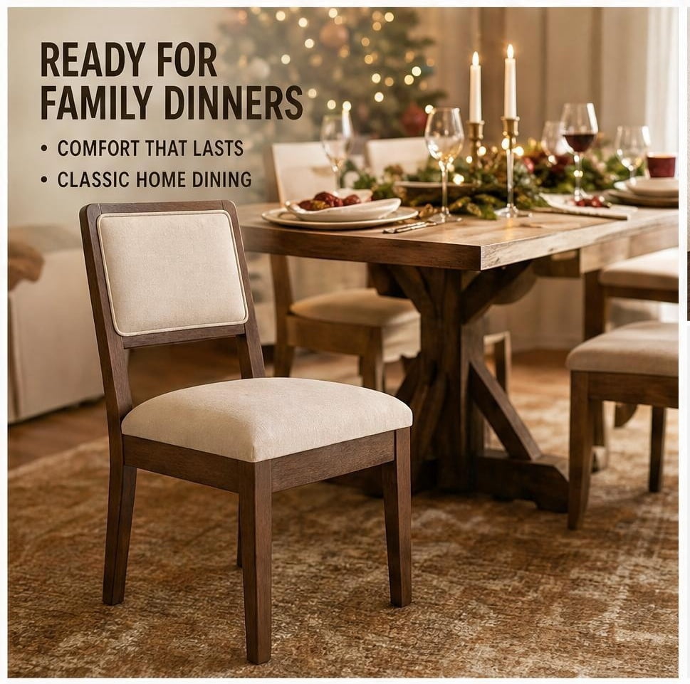 GARITIN Set of 2 Compact Rubber Wood Dining Chairs, 18.5 Inch Upholstered Fabric Kitchen Chairs, Ergonomic Side Chairs for Small Apartment Cafe Home, Walnut