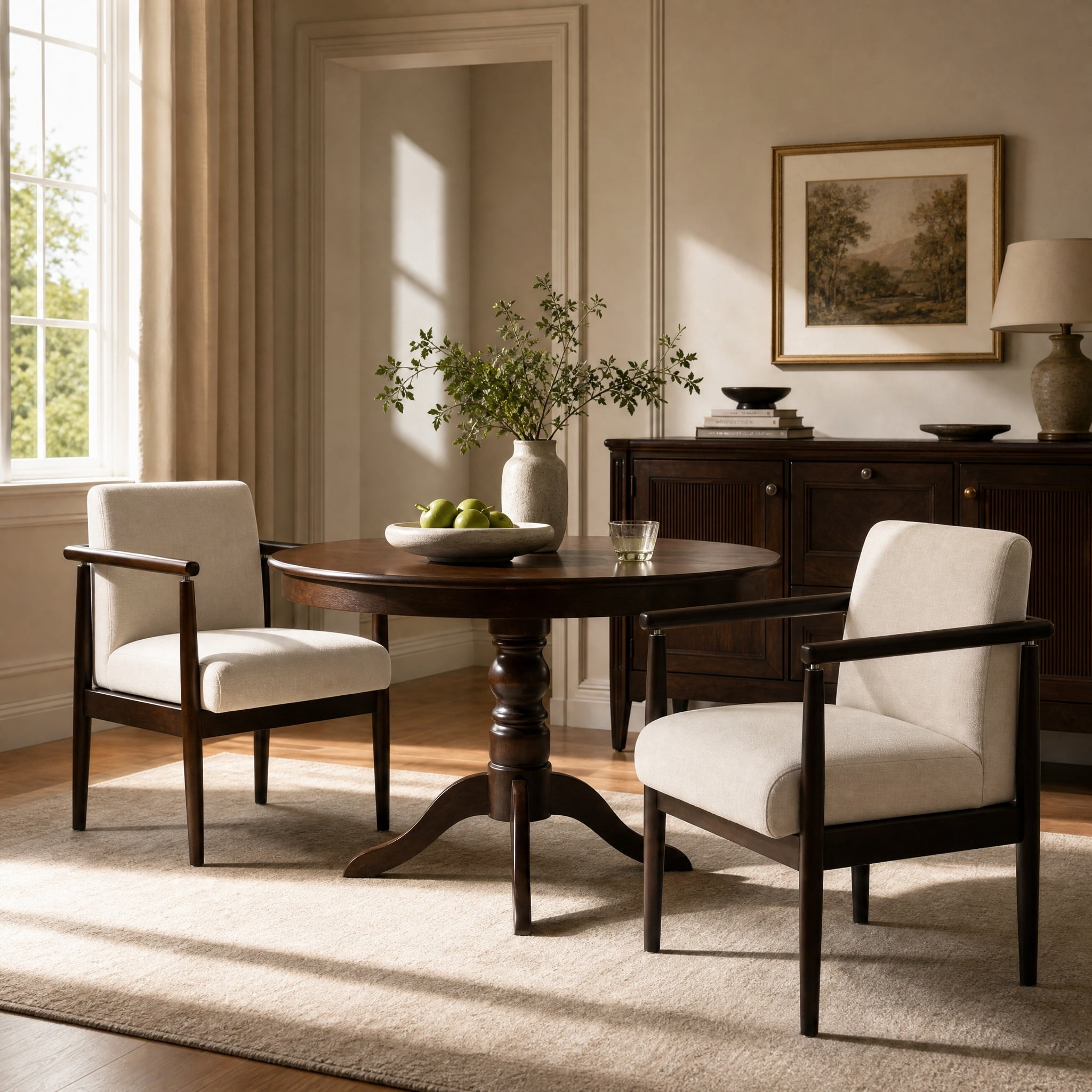 GARITIN Set of 2 Mid-Century Modern Dining Arm Chairs, Fabric Upholstered Accent Chairs with Rubber Wood Frame, Walnut Finish & Beige Upholstery for Dining Room Kitchen