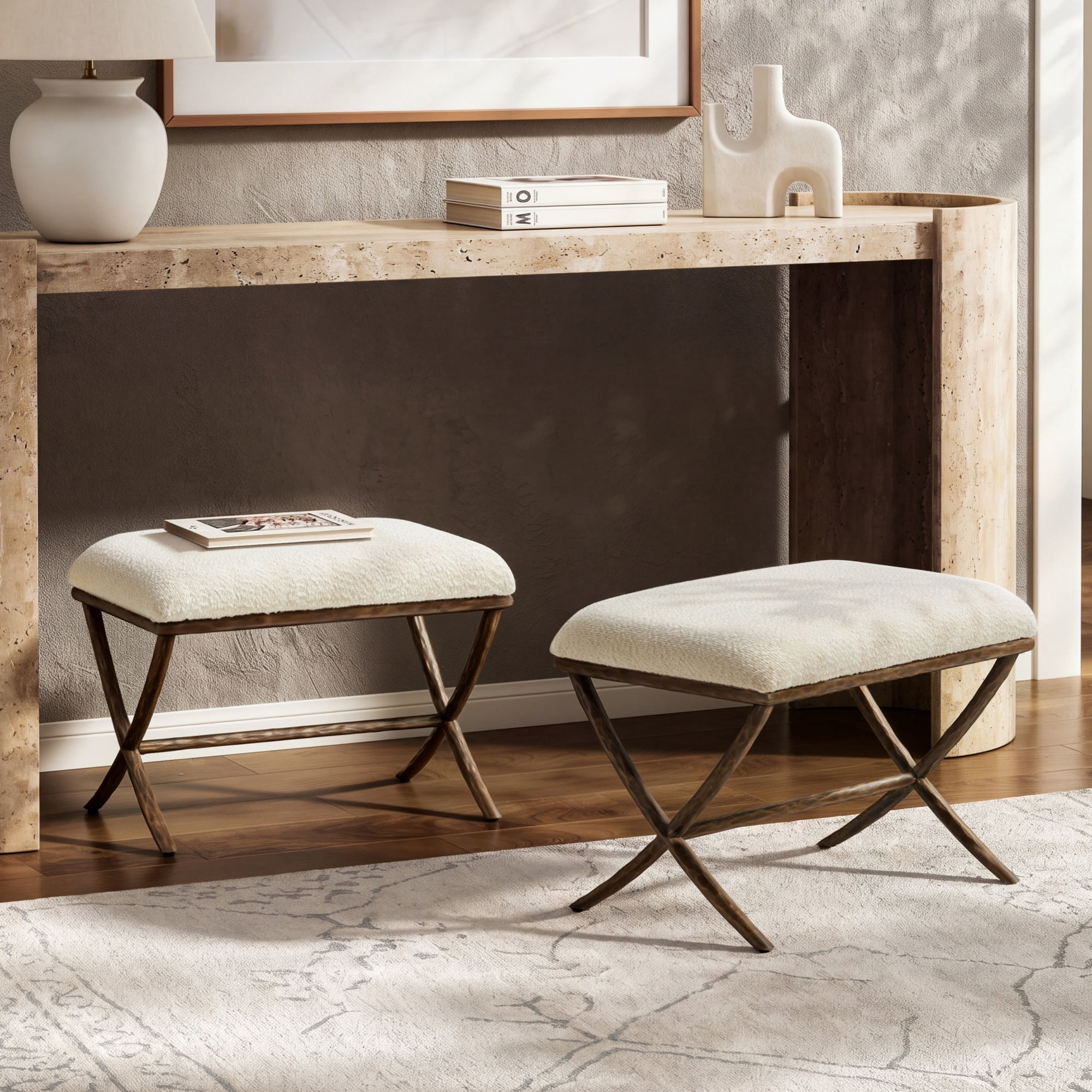 GARITIN Set of 2 Rectangular Ottomans 24.5 Inch, Upholstered Footrests with X Base and Hammered Metal Legs for Living Room, Beige