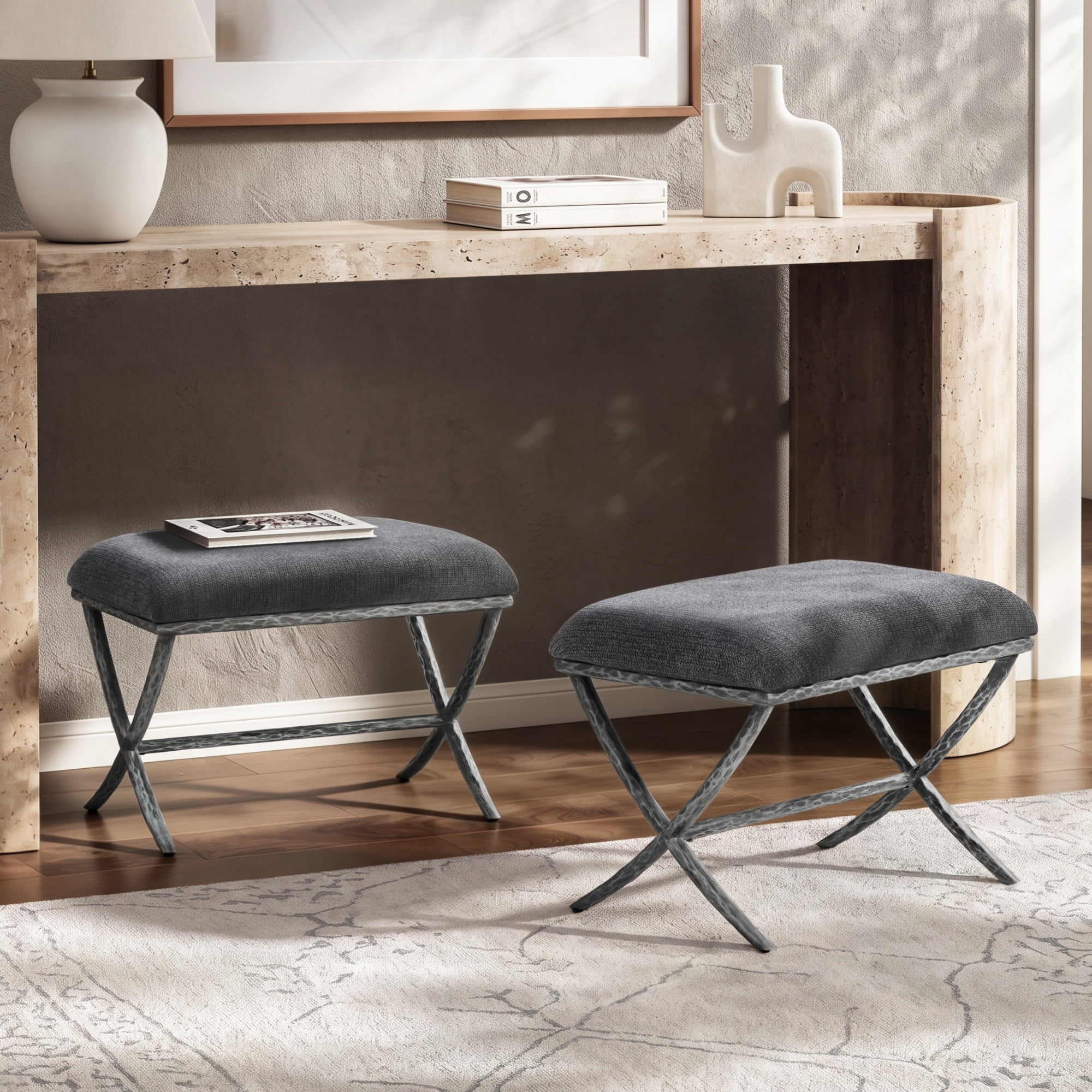 GARITIN Set of 2 Rectangular Ottomans 24.5 Inch, Upholstered Footrests with X Base and Hammered Metal Legs for Living Room, Gray