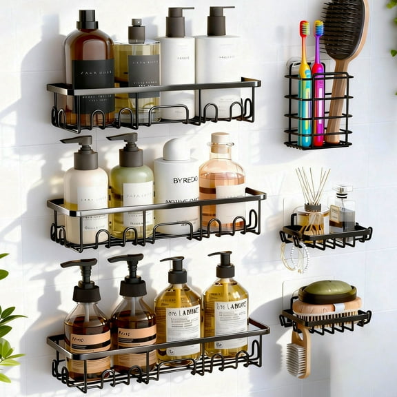 Shower Caddy 6 Pack, Adhesive Shower Shelf Rack with Soap Holder, Large Capacity Bathroom Organizers and Storage, No Drilling Wall-Mounted Bathroom & Kitchen Storage