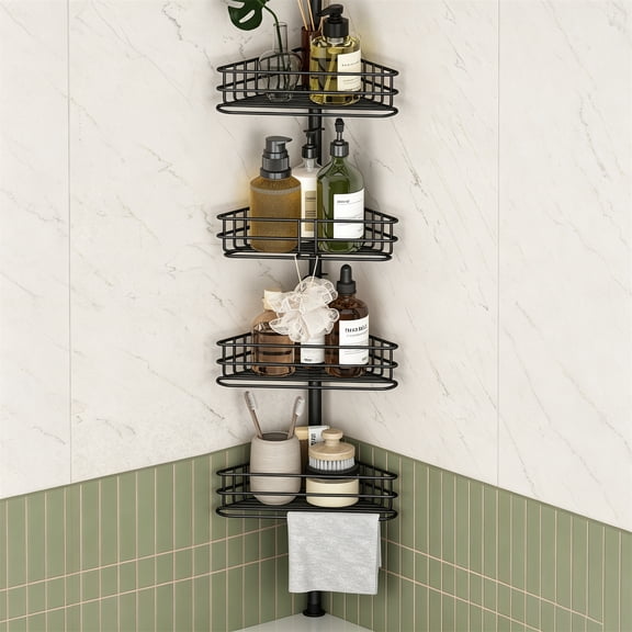 GARITIN Shower Caddy, Bathroom Shower Shelf Organizer, Corner Shower Racks for Inside, 4-Tier Adjustable Shelves with Tension Pole Bath Caddy Storage, Black