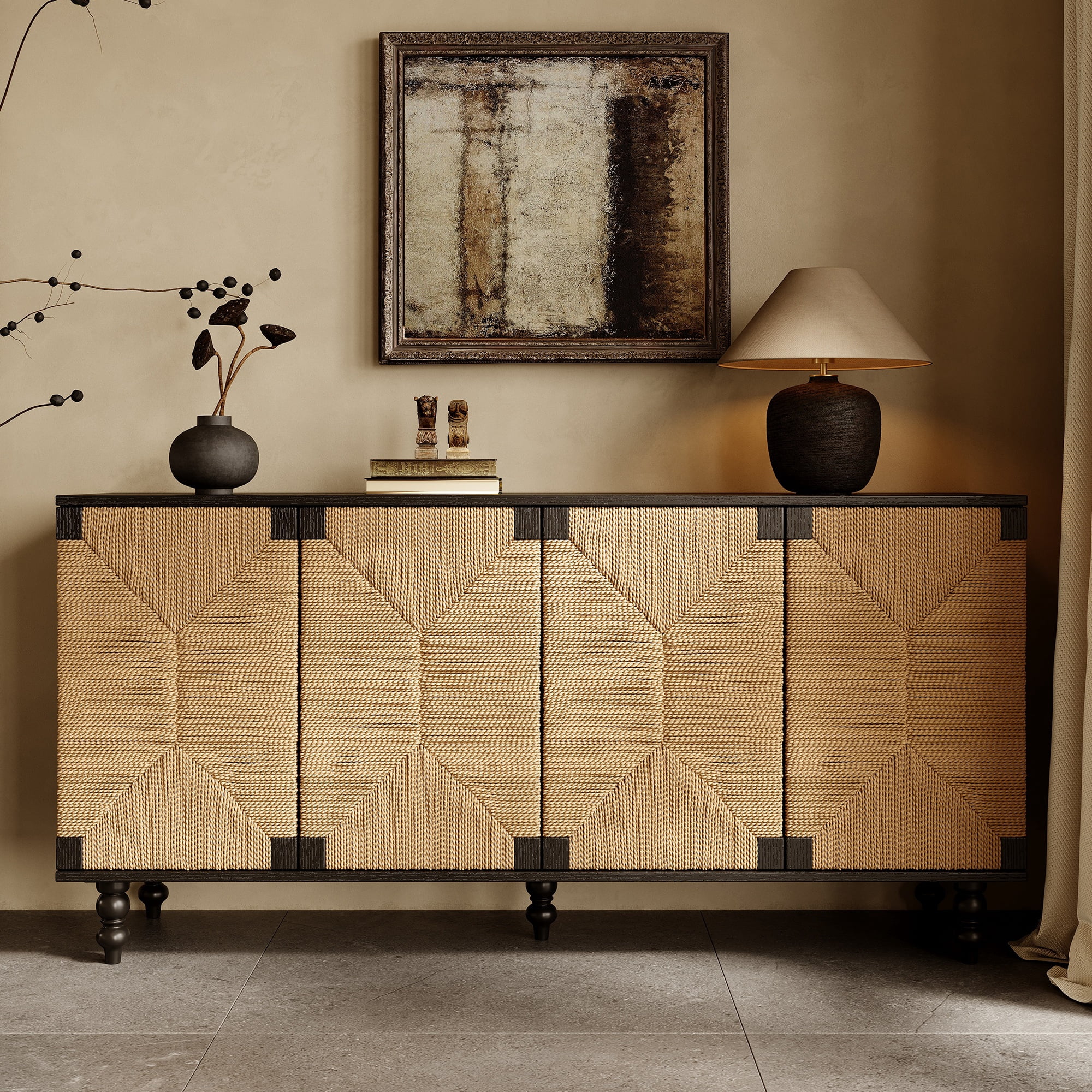 GARITIN Sideboard Buffet Cabinet, Accent Storage Wood TV Stand with Wire-Brushed Seagrass Doors, 4-Compartment Cabinet for Hallway Entryway Dining Room, Black+Natural