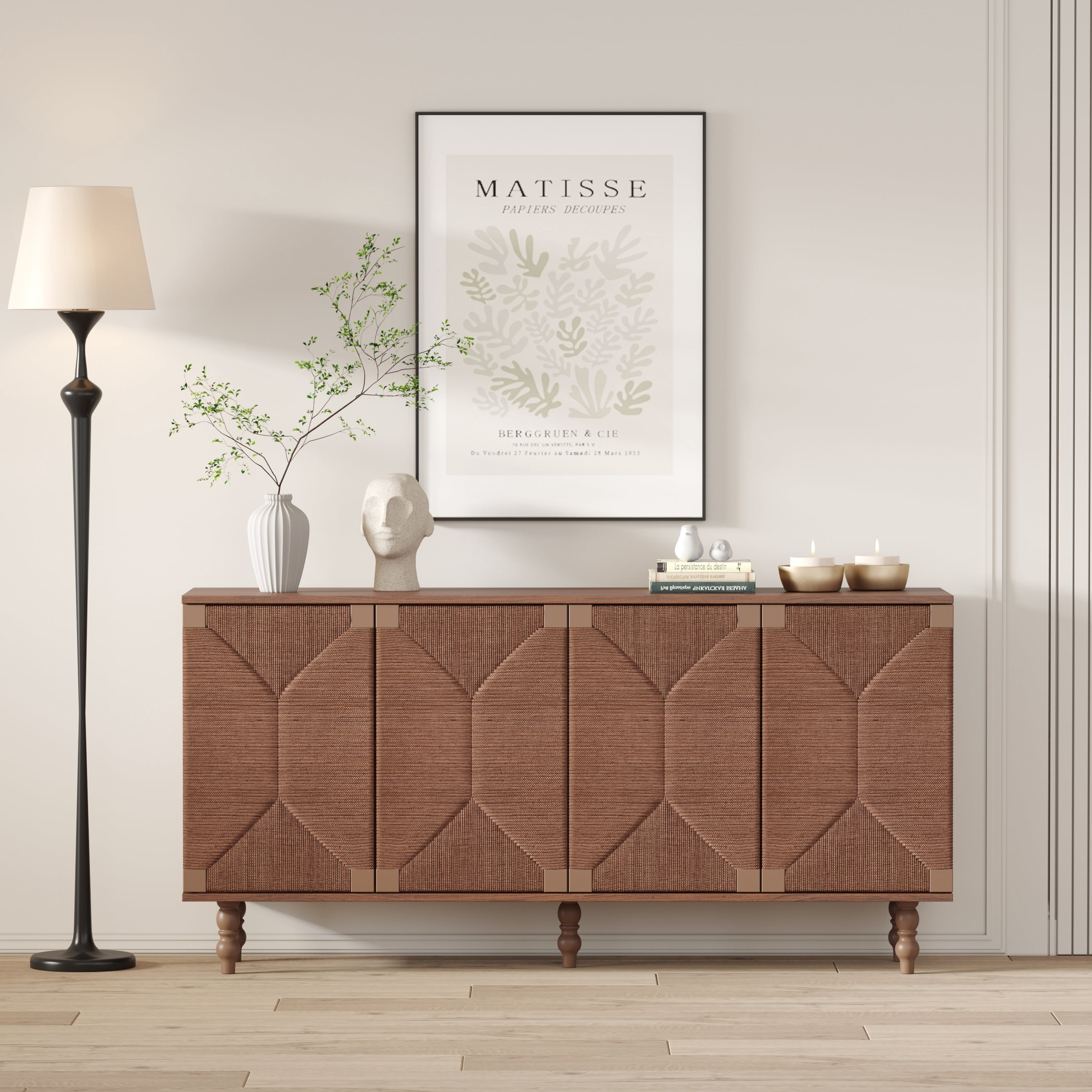 GARITIN Sideboard Buffet Cabinet, Accent Storage Wood TV Stand with Wire-Brushed Seagrass Doors, 4-Compartment Cabinet for Hallway Entryway Dining Room, Brown
