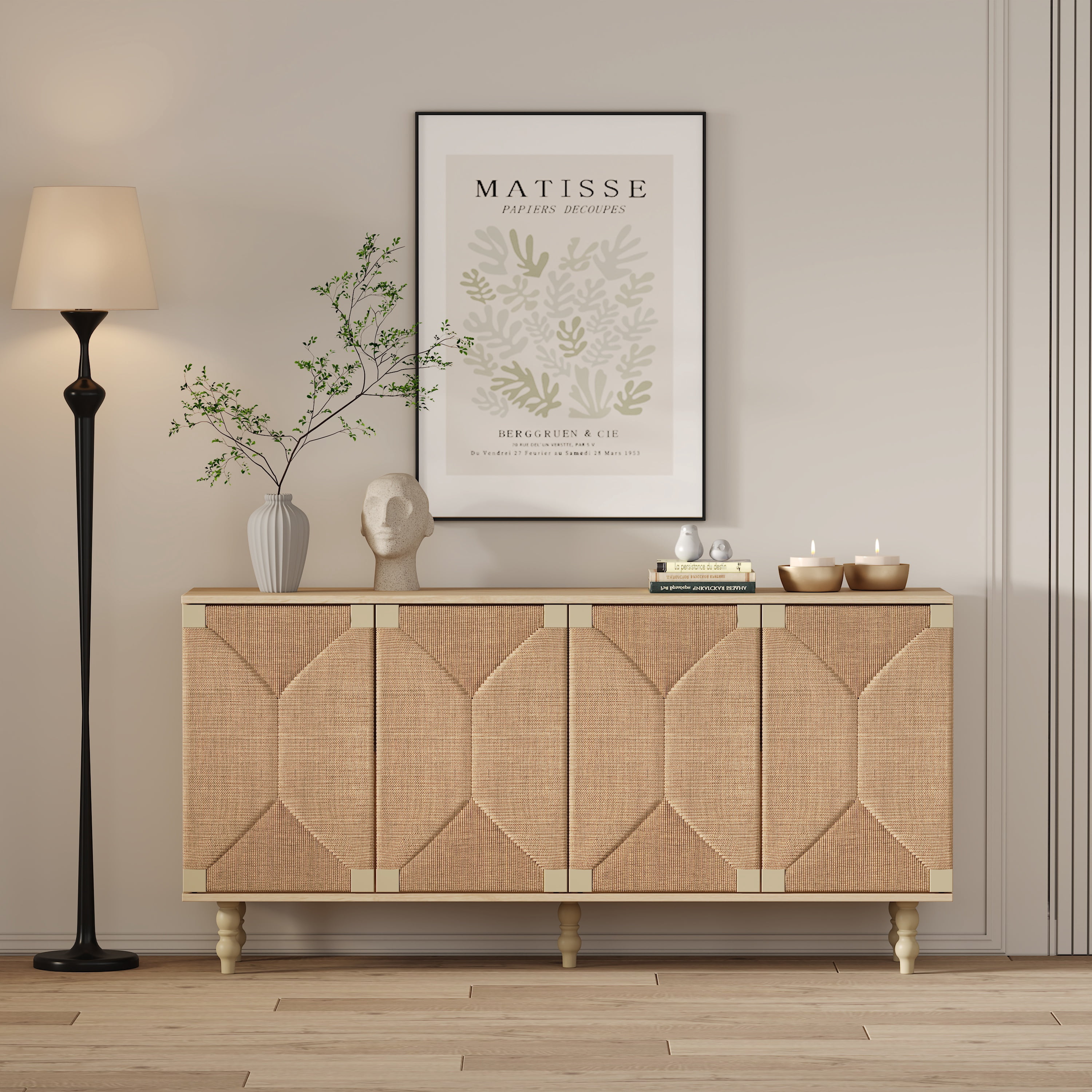 GARITIN Sideboard Buffet Cabinet, Accent Storage Wood TV Stand with Wire-Brushed Seagrass Doors, 4-Compartment Cabinet for Hallway Entryway Dining Room, Natural+Rustic