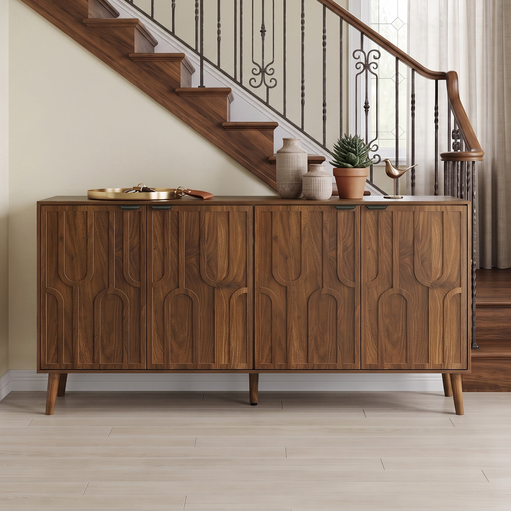 GARITIN Sideboard and Serving Cabinet 55 Inch, Mid Century Modern Storage Cabinet with 4 Doors and Metal Handles for Dining Room, Walnut