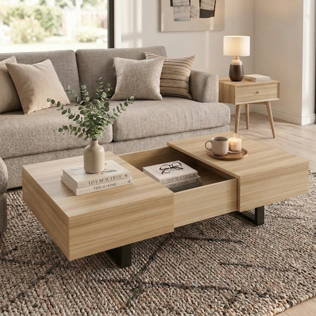 GARITIN Sliding Top Coffee Table with Hidden Storage, Expandable Wood Tabletop, Modern Mid-Century Coffee Table with Storage Compartment for Living Room, Natural
