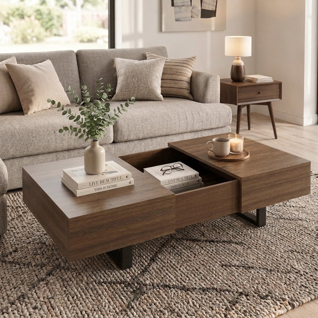 GARITIN Sliding Top Coffee Table with Hidden Storage, Expandable Wood Tabletop, Modern Mid-Century Coffee Table with Storage Compartment for Living Room, Walnut
